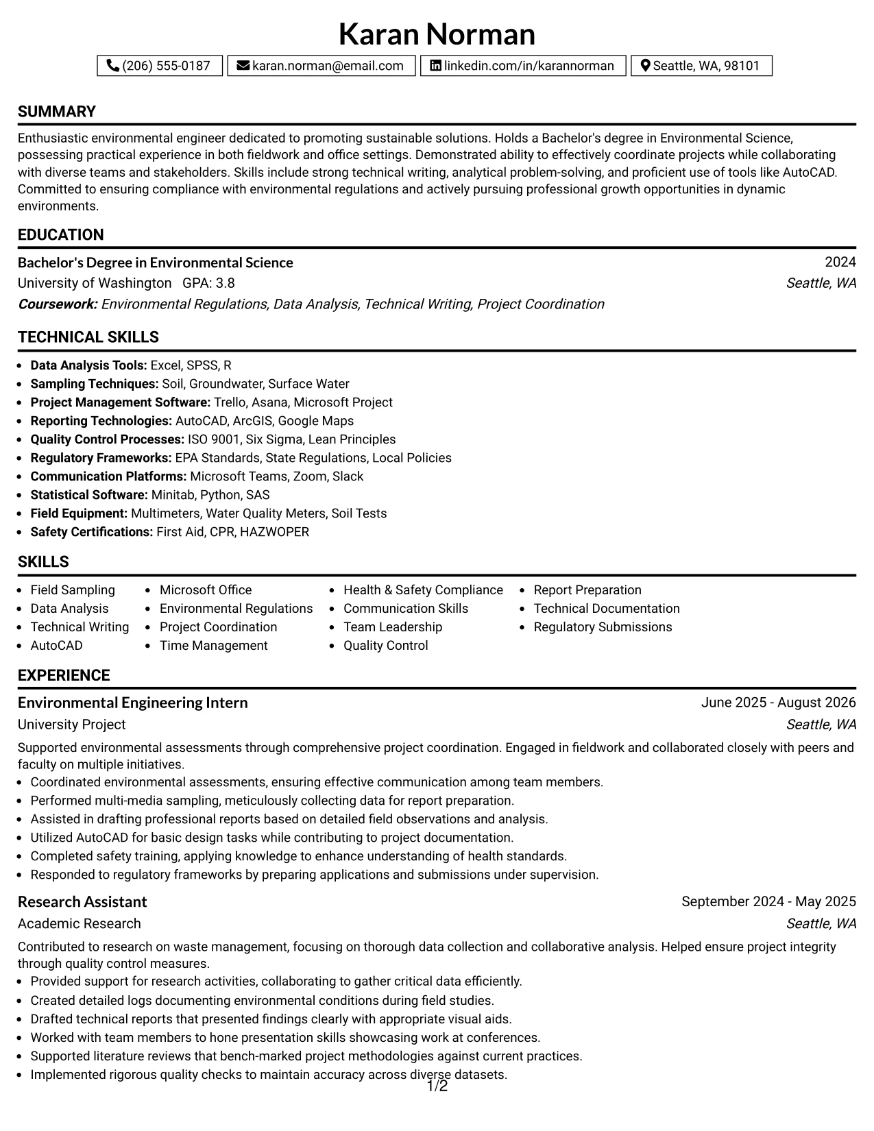 Resume Example Page 1