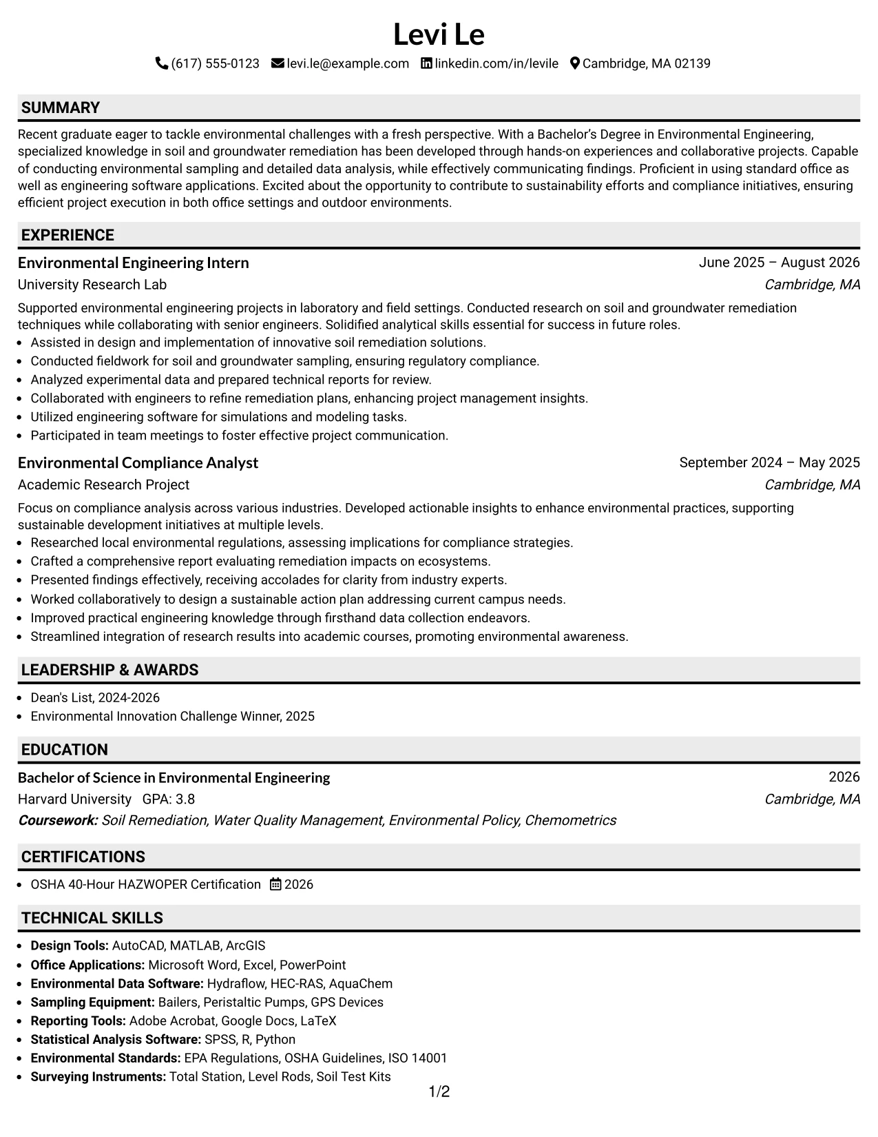 Resume Example Page 1