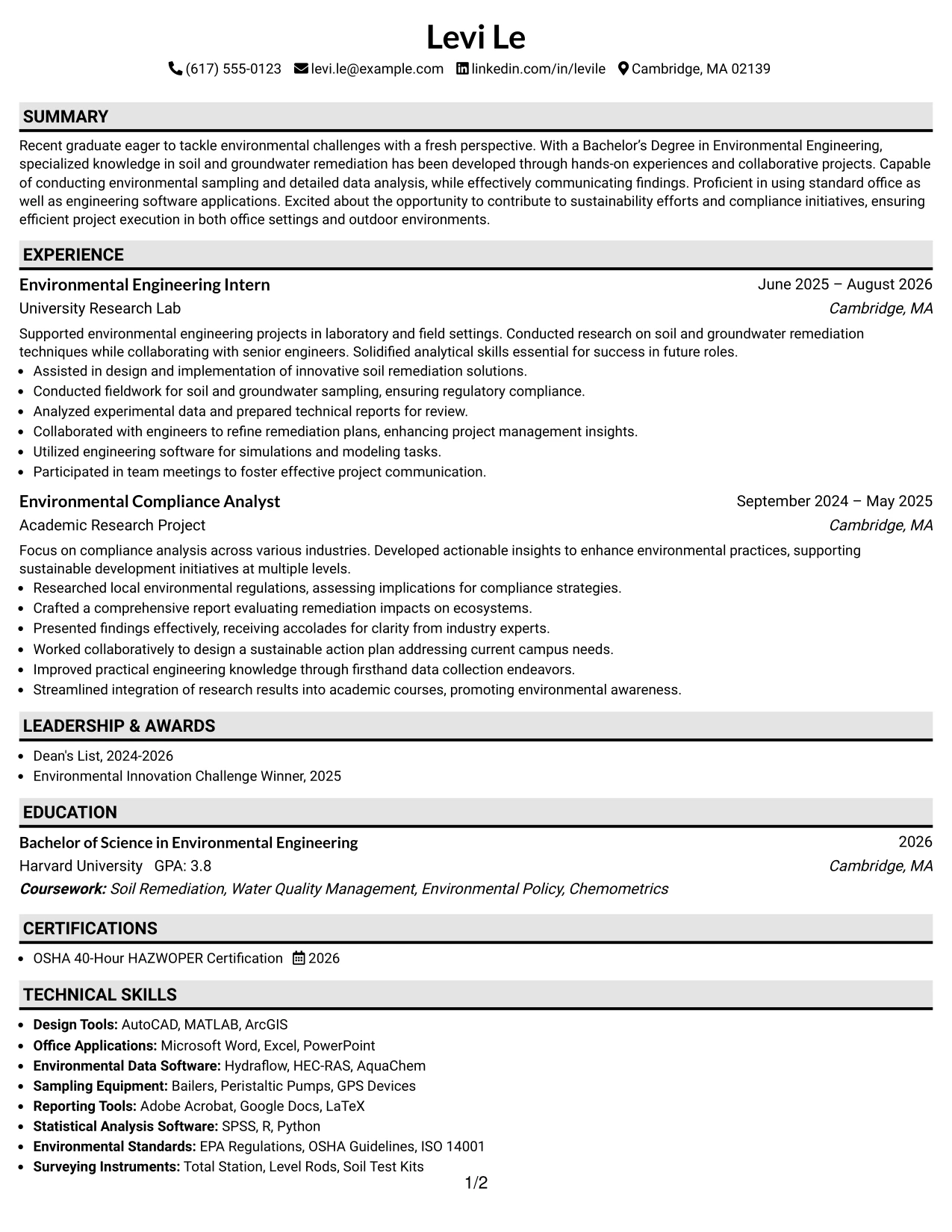 Resume Example Page 1