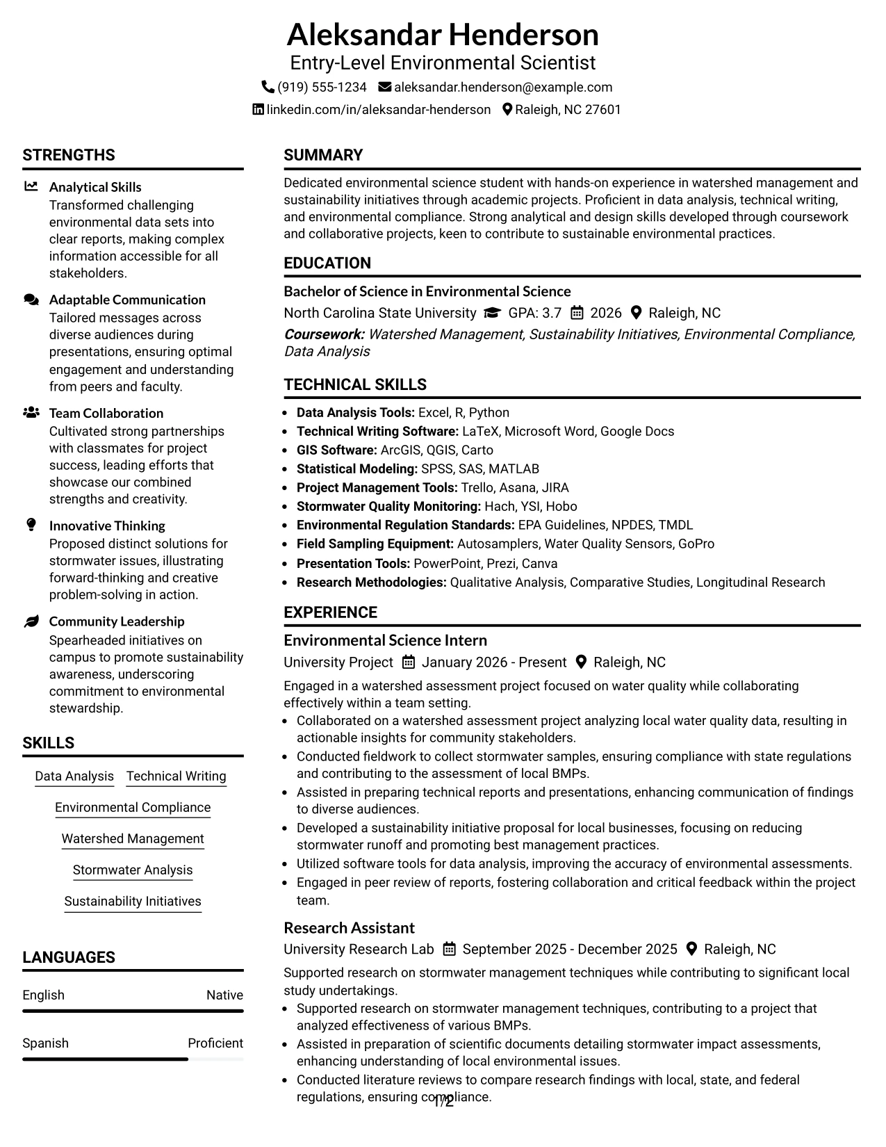 Resume Example Page 1