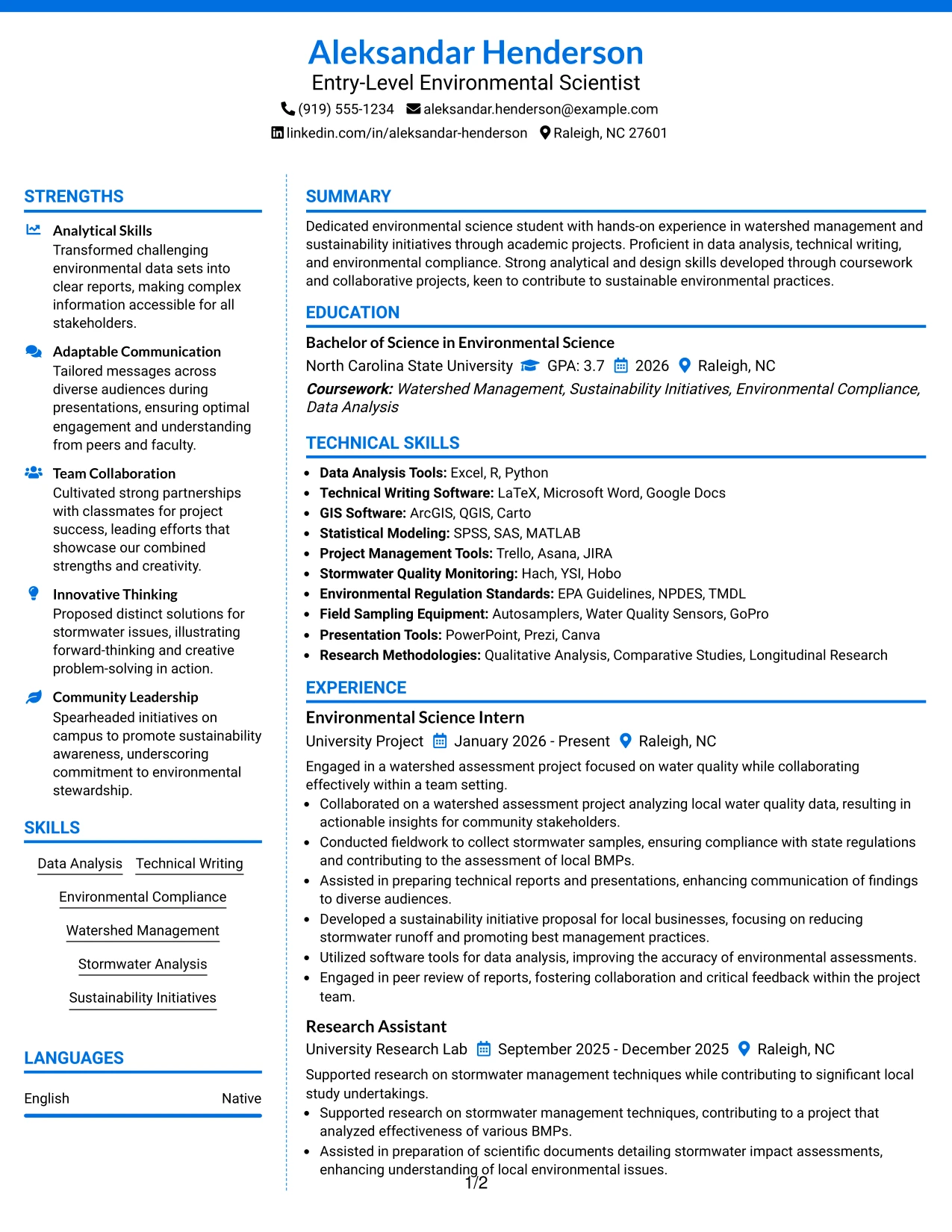 Resume Example Page 1