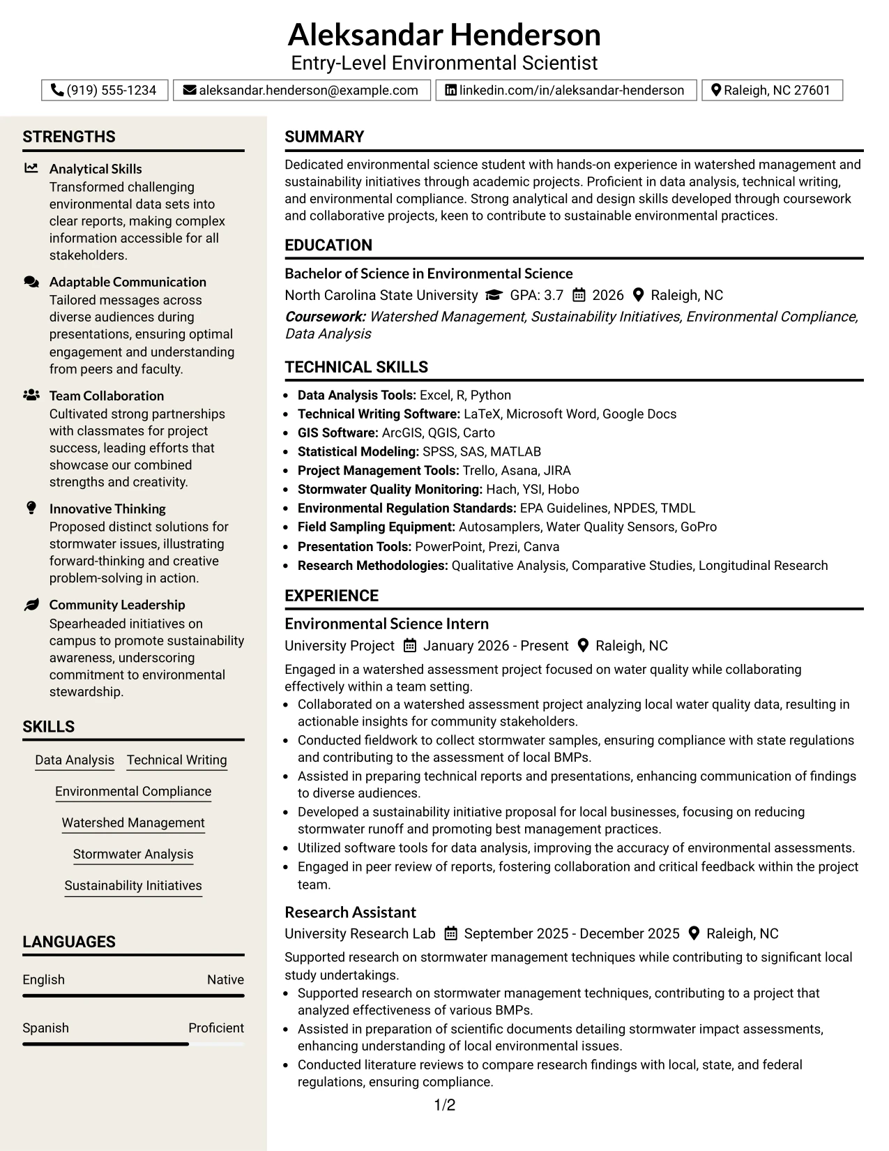 Resume Example Page 1