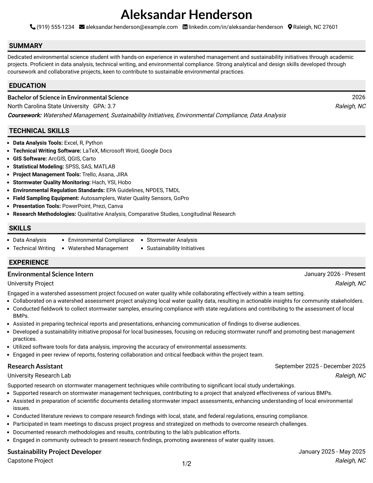 Resume Example Page 1