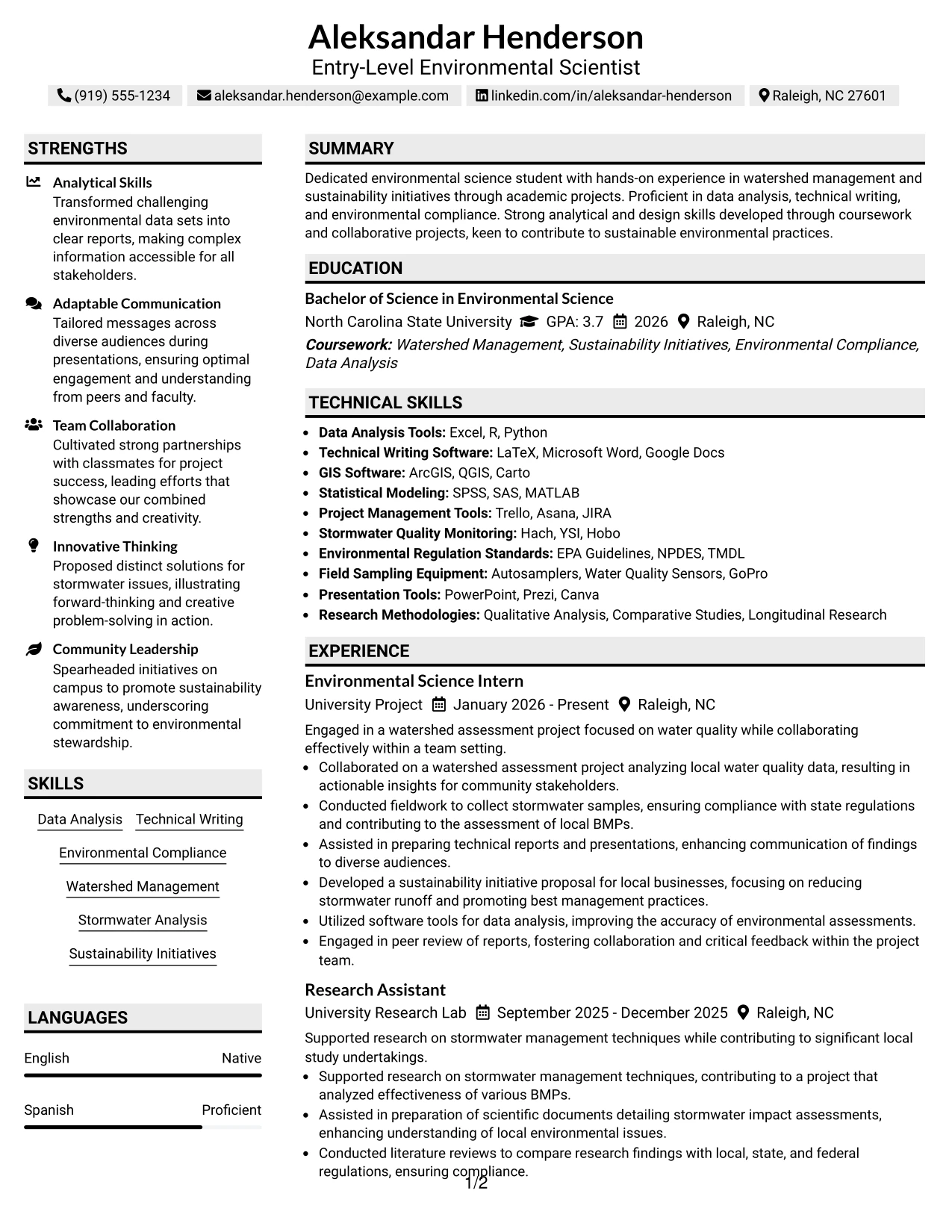 Resume Example Page 1
