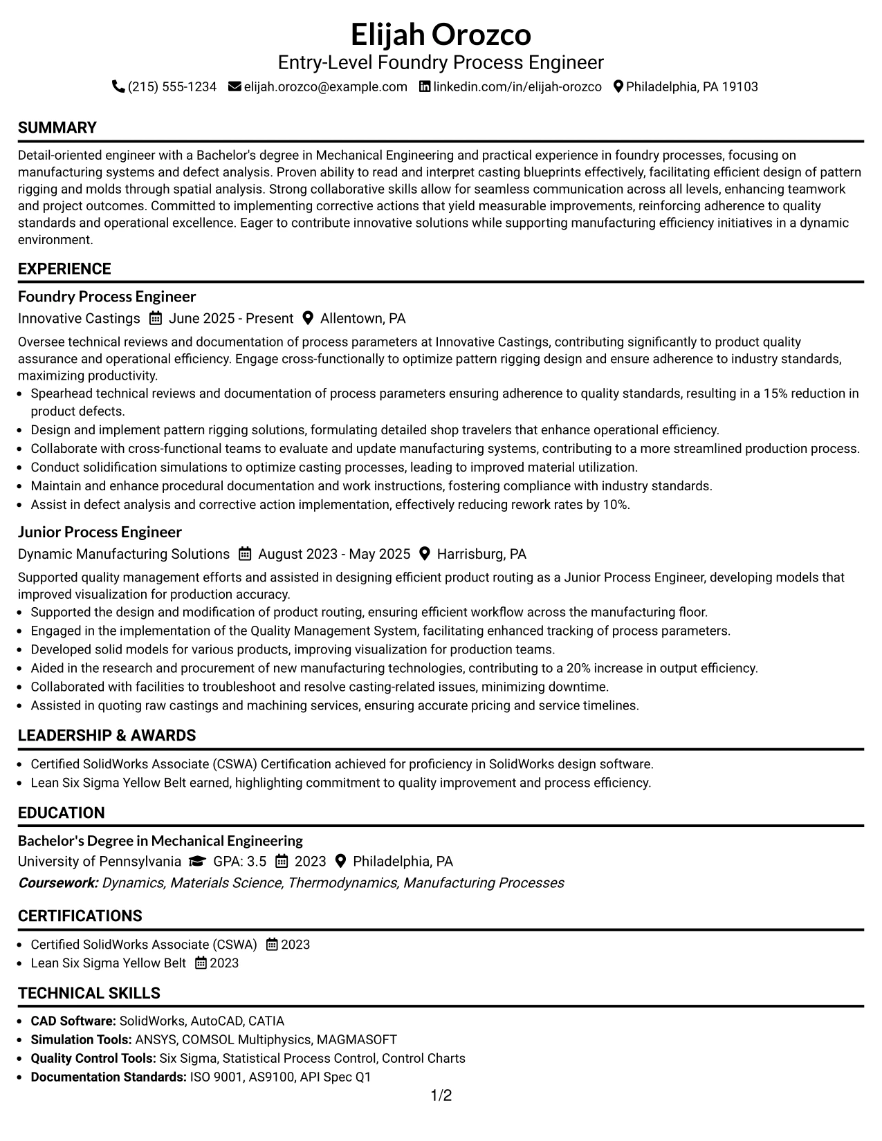 Resume Example Page 1