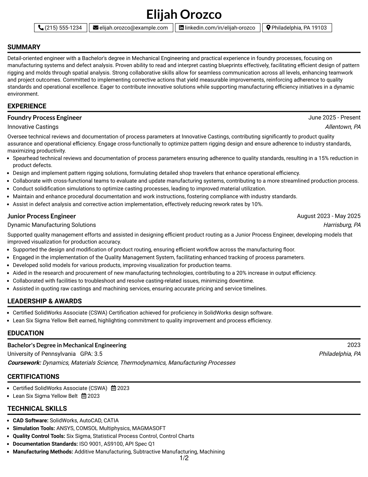 Resume Example Page 1
