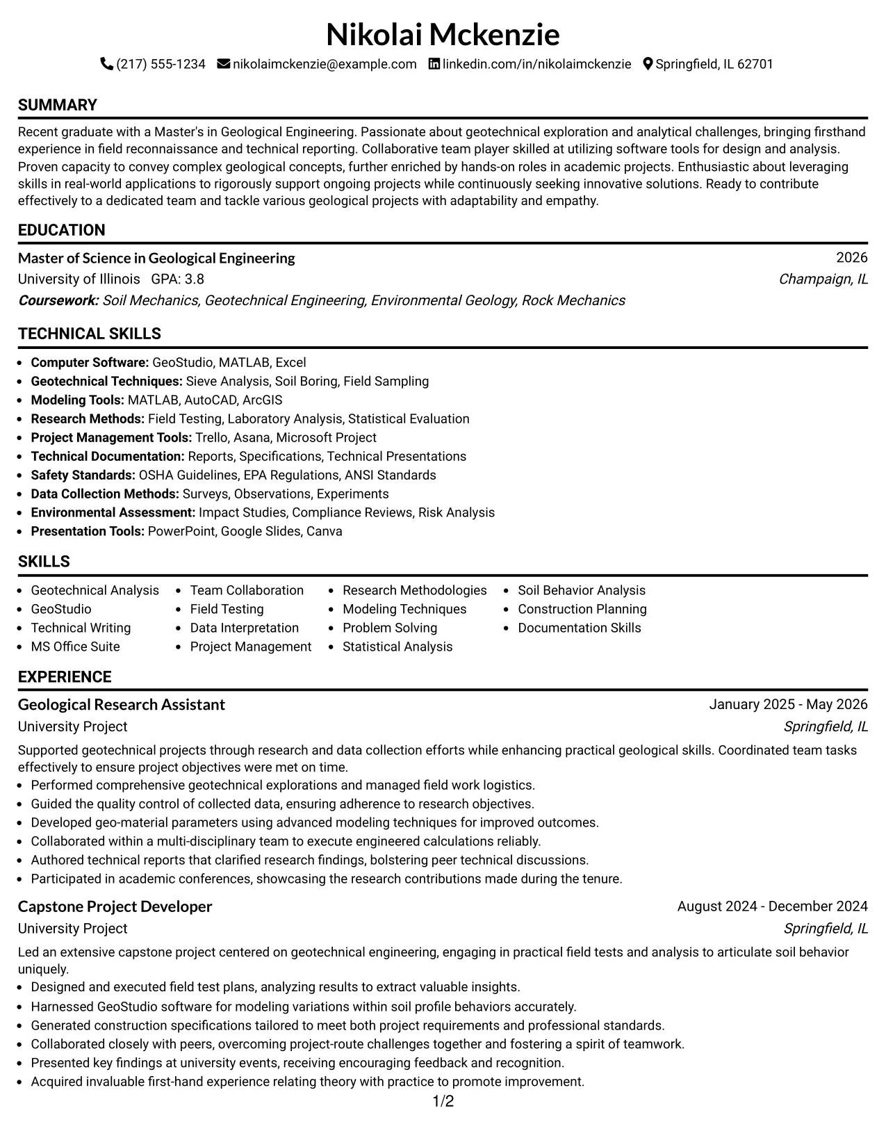 Resume Example Page 1