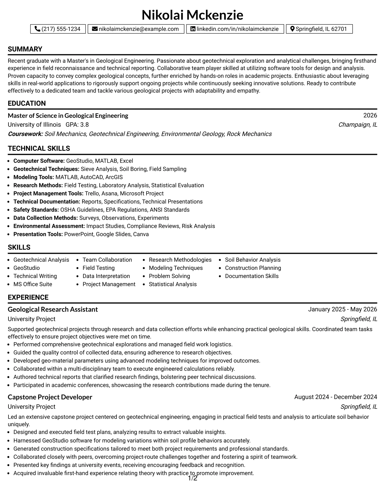 Resume Example Page 1