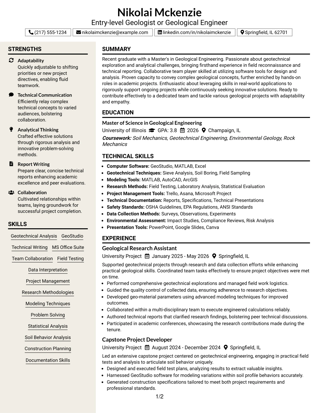 Resume Example Page 1