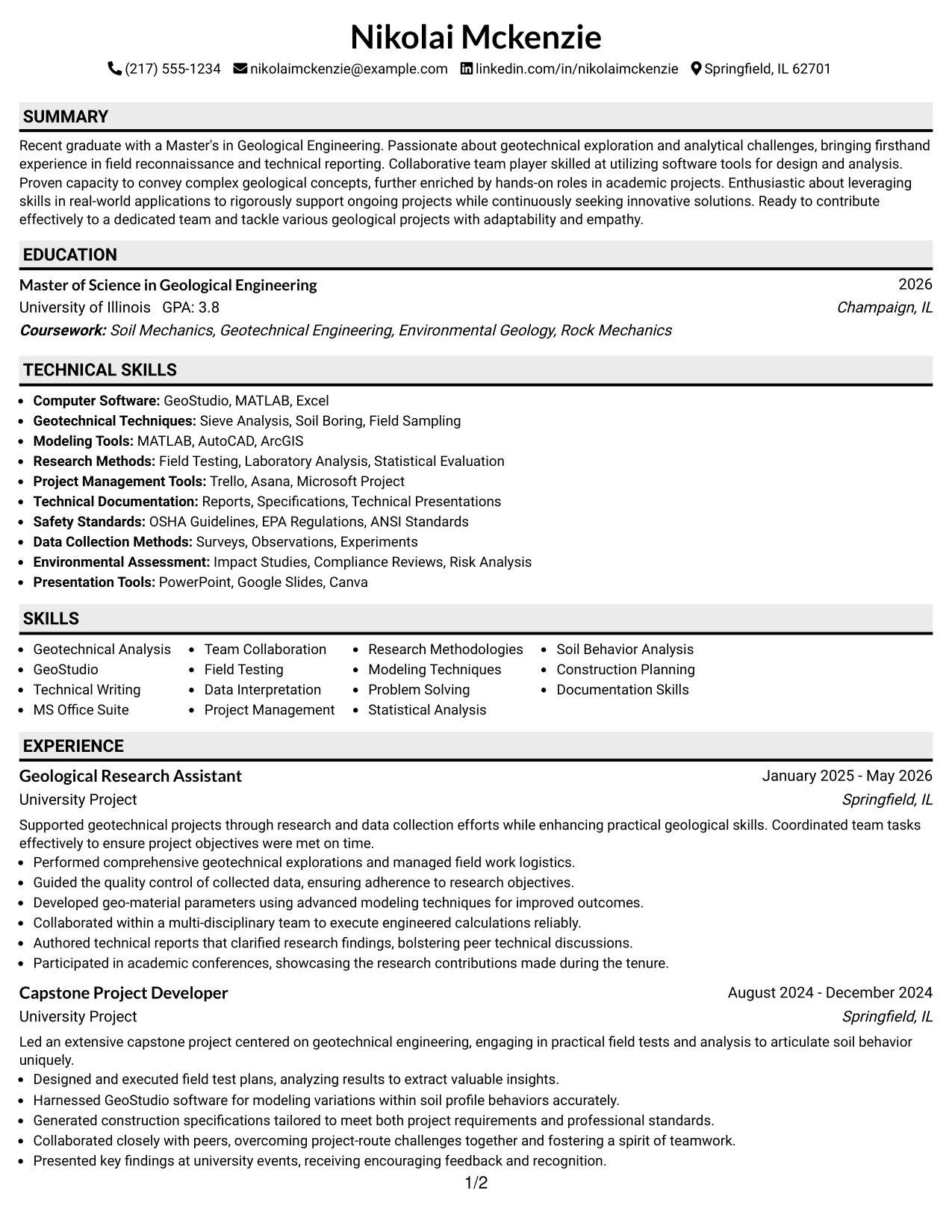 Resume Example Page 1