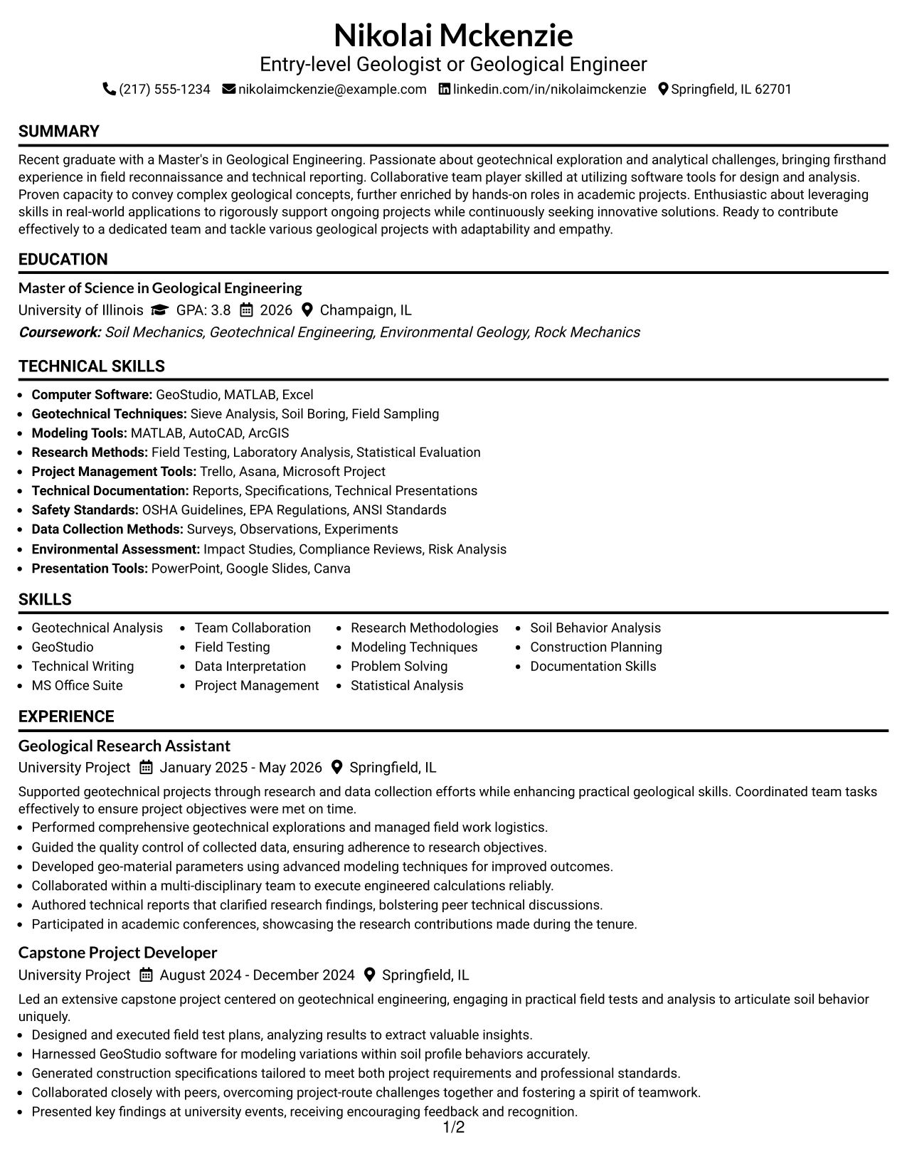 Resume Example Page 1