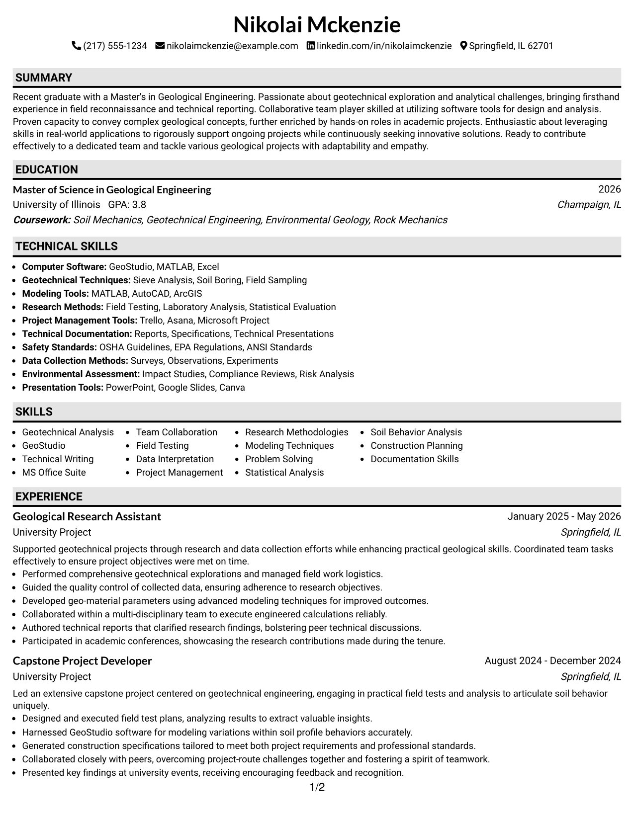 Resume Example Page 1