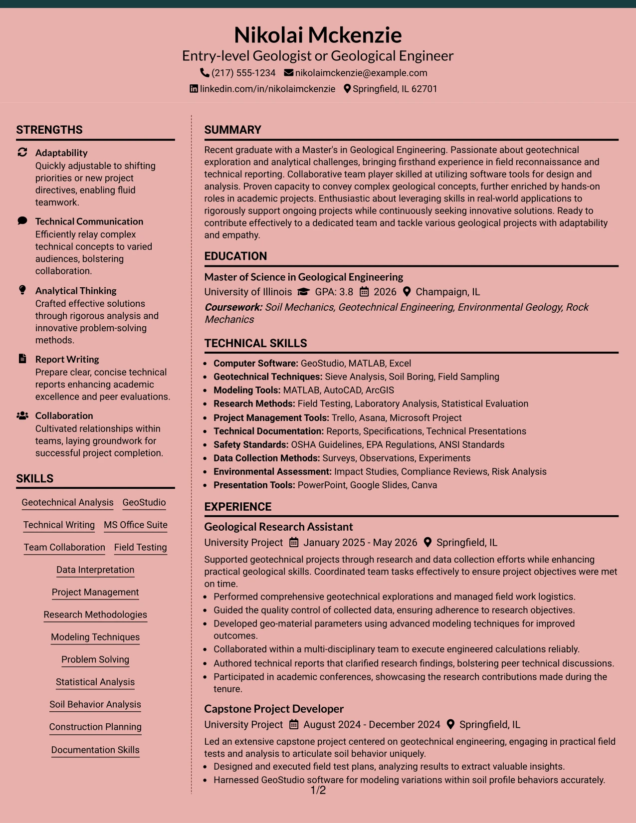 Resume Example Page 1