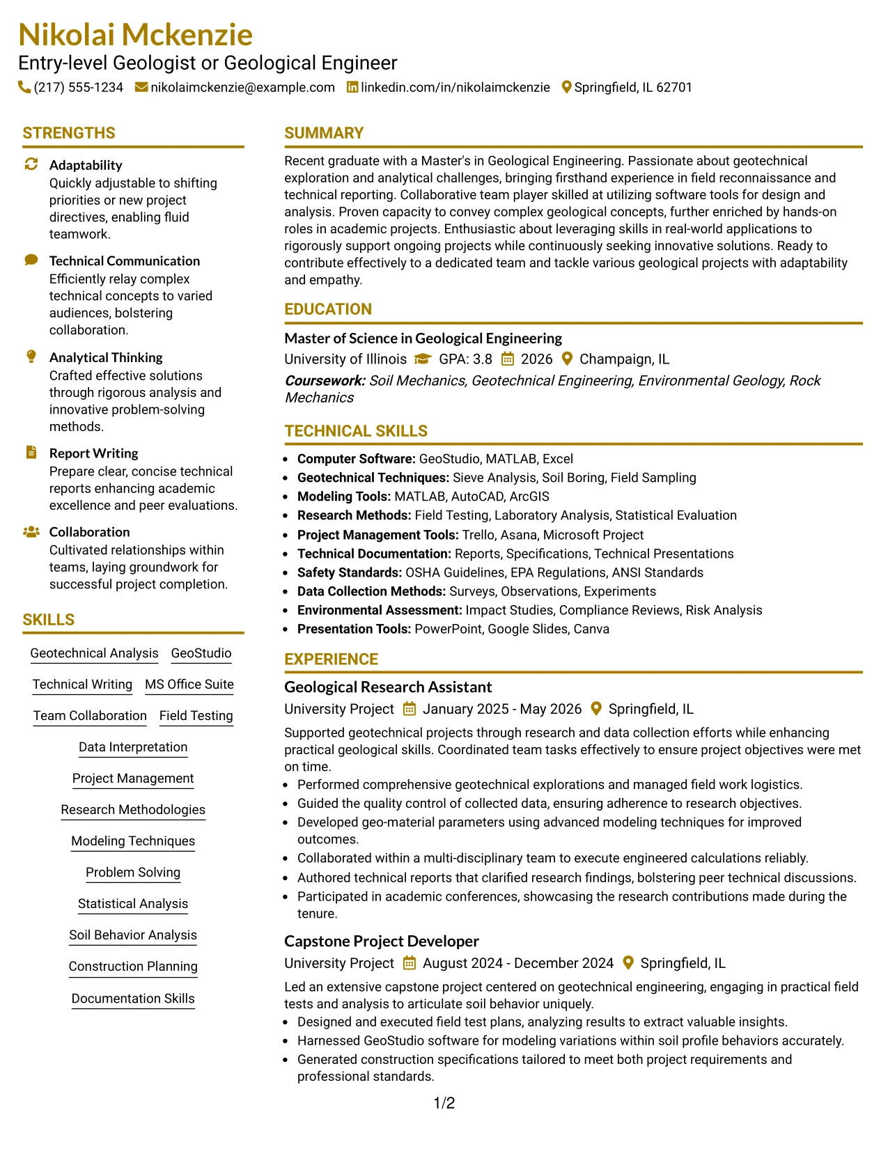 Resume Example Page 1