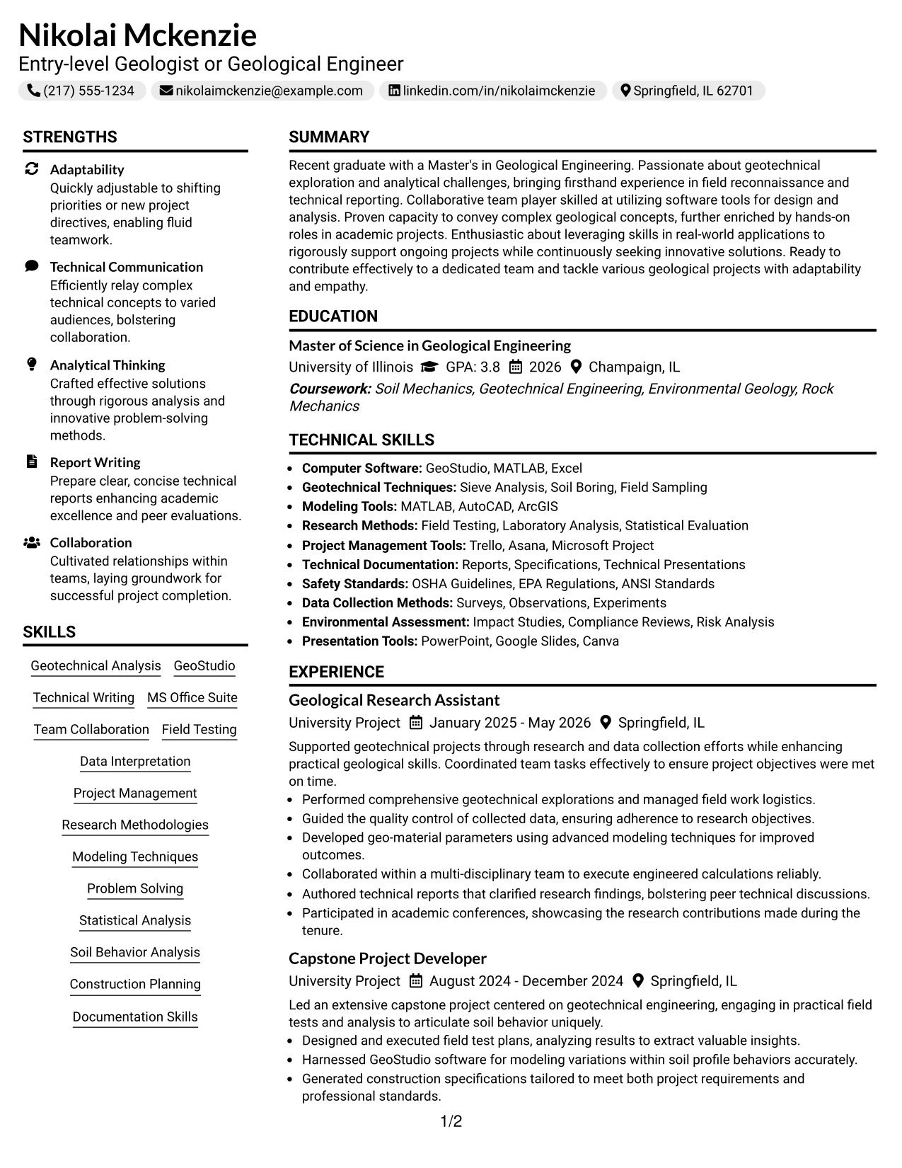 Resume Example Page 1