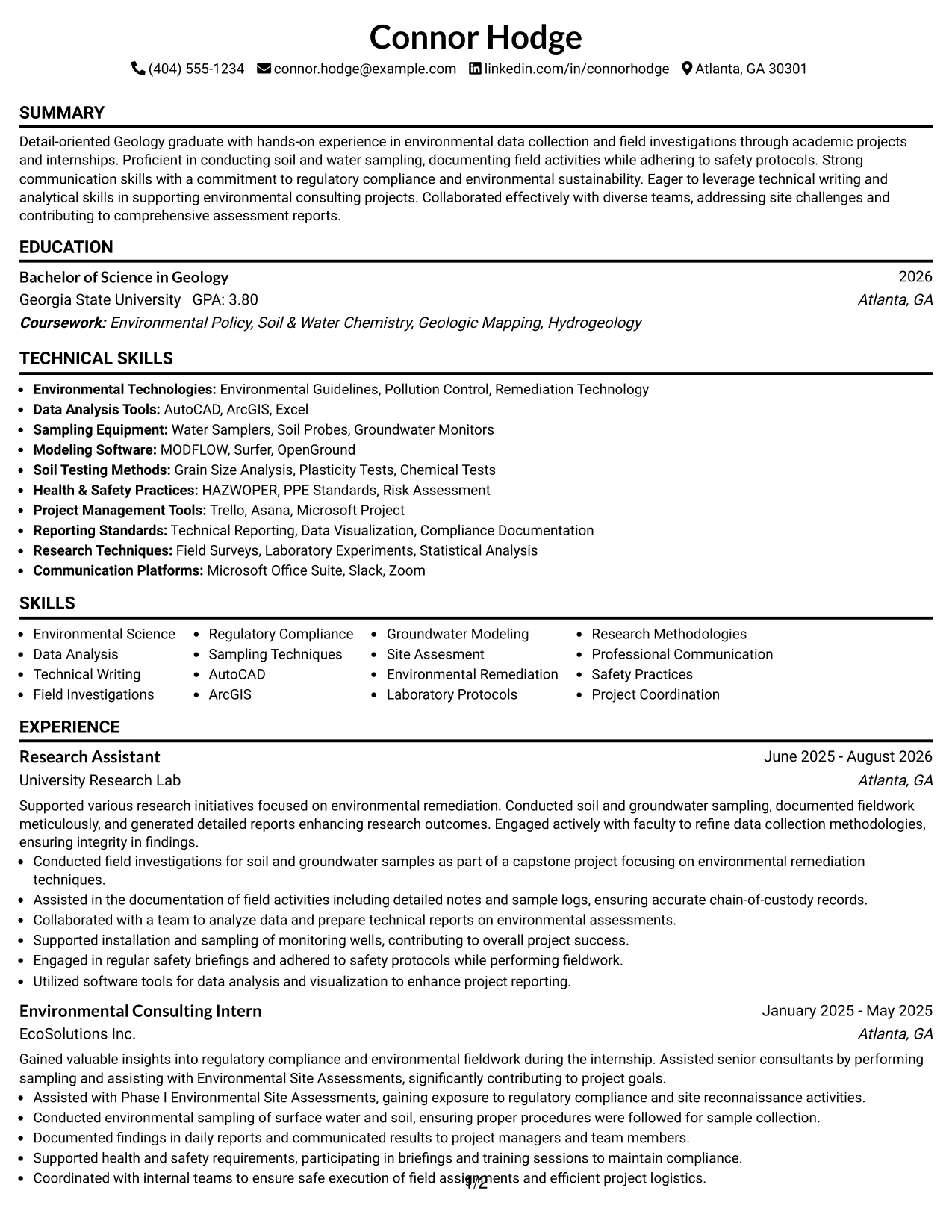 Resume Example Page 1