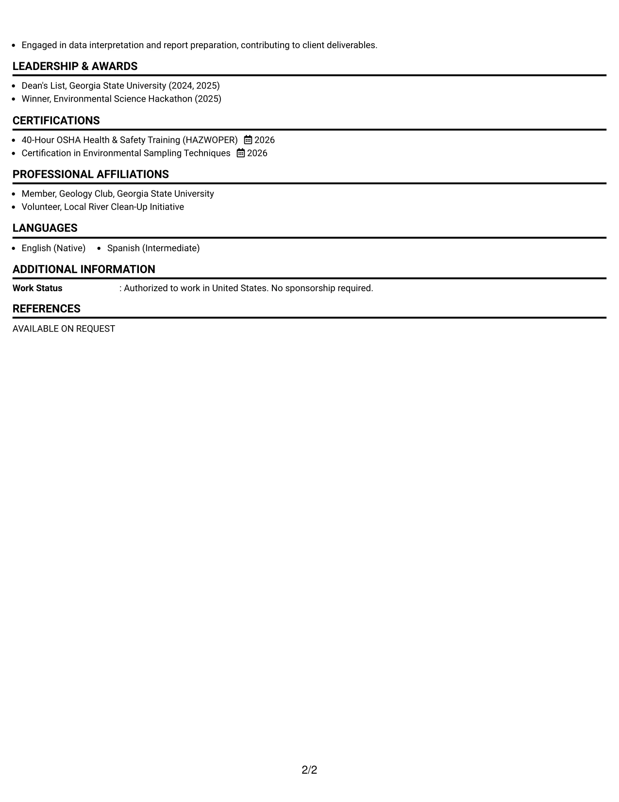 Resume Example Page 2