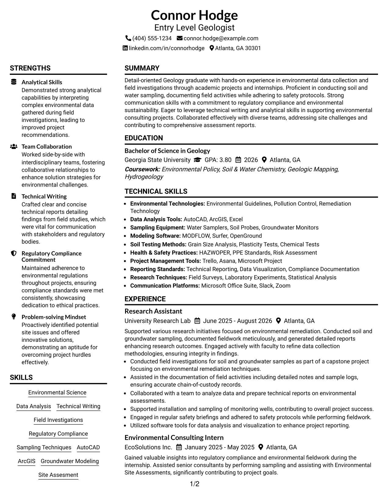Resume Example Page 1