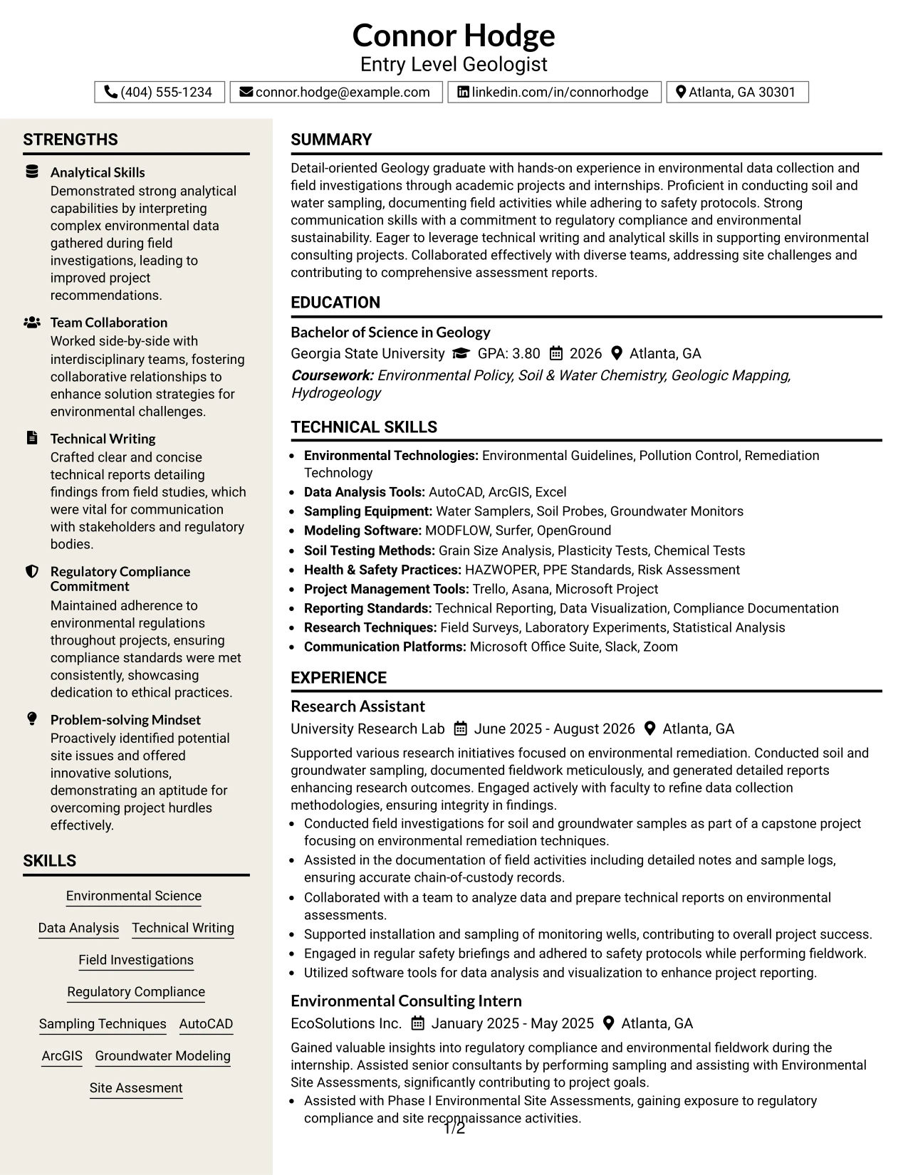 Resume Example Page 1