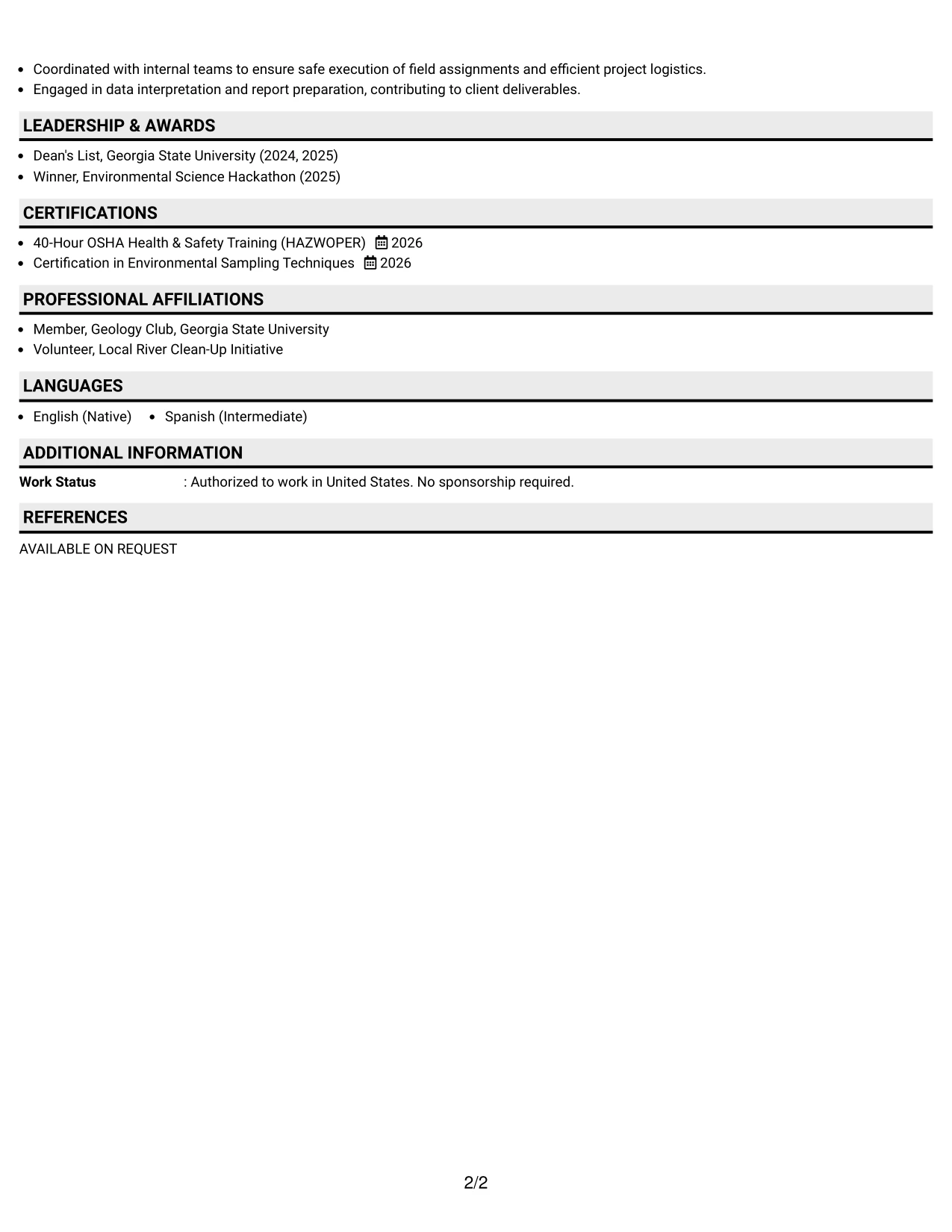Resume Example Page 2