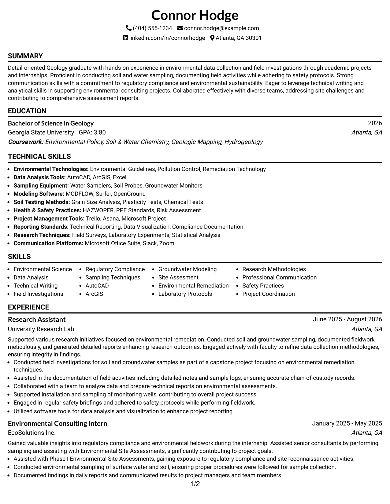 Resume Example Page 1