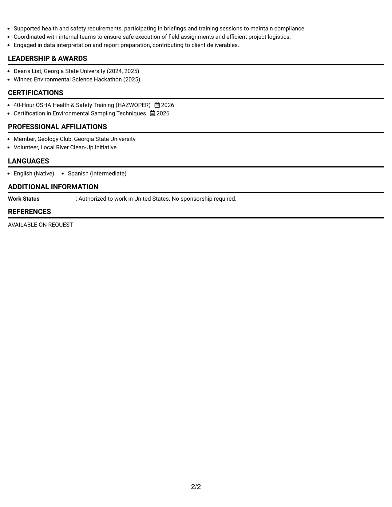 Resume Example Page 2