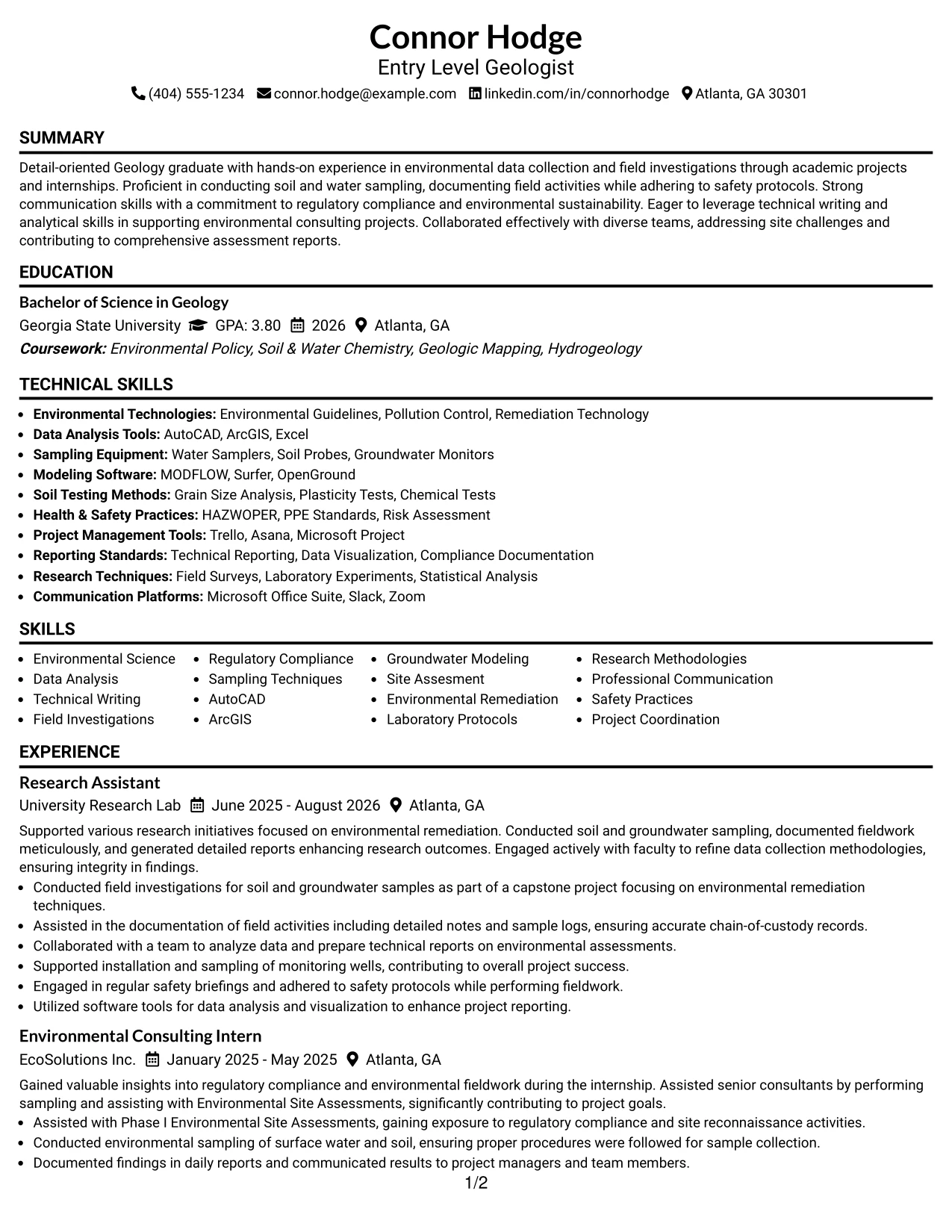 Resume Example Page 1
