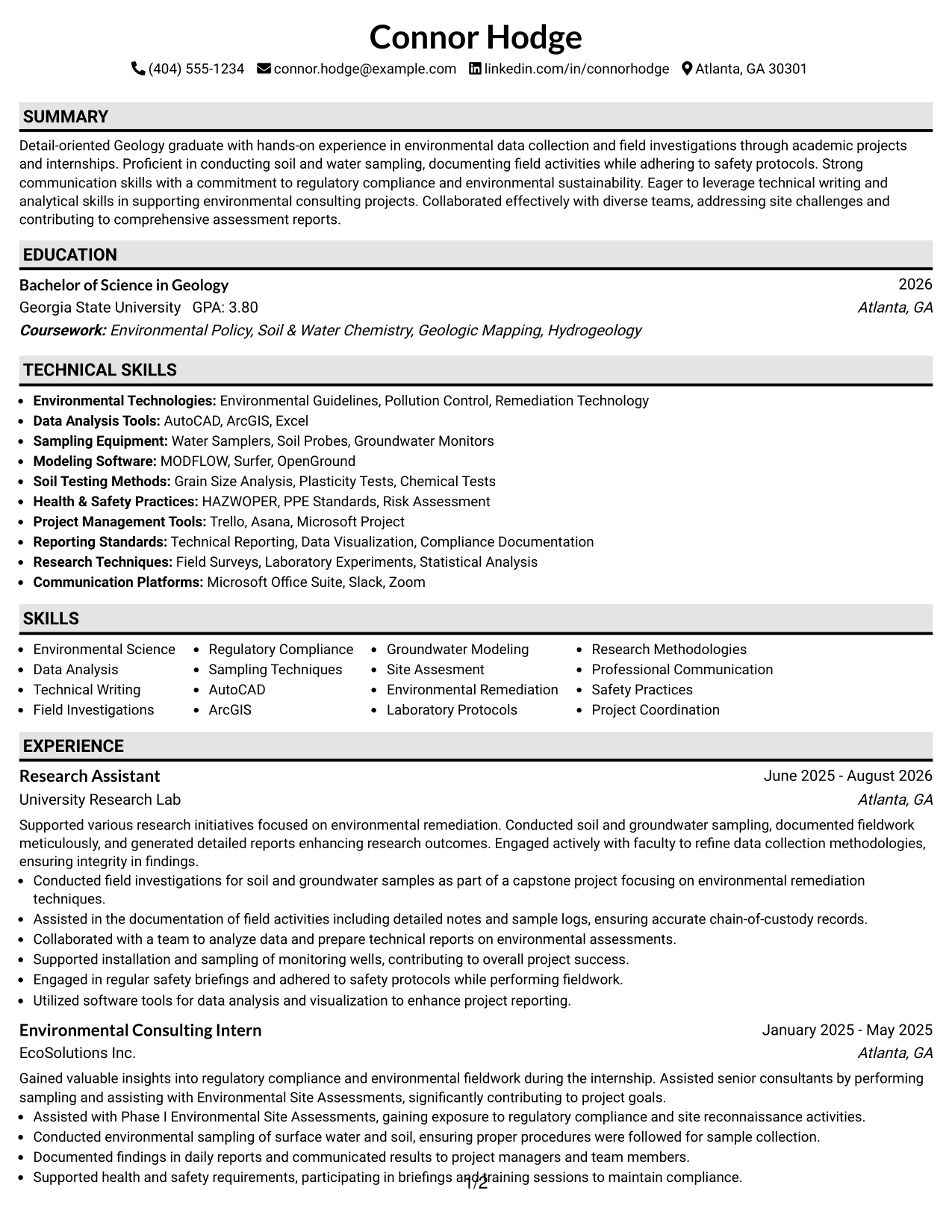 Resume Example Page 1