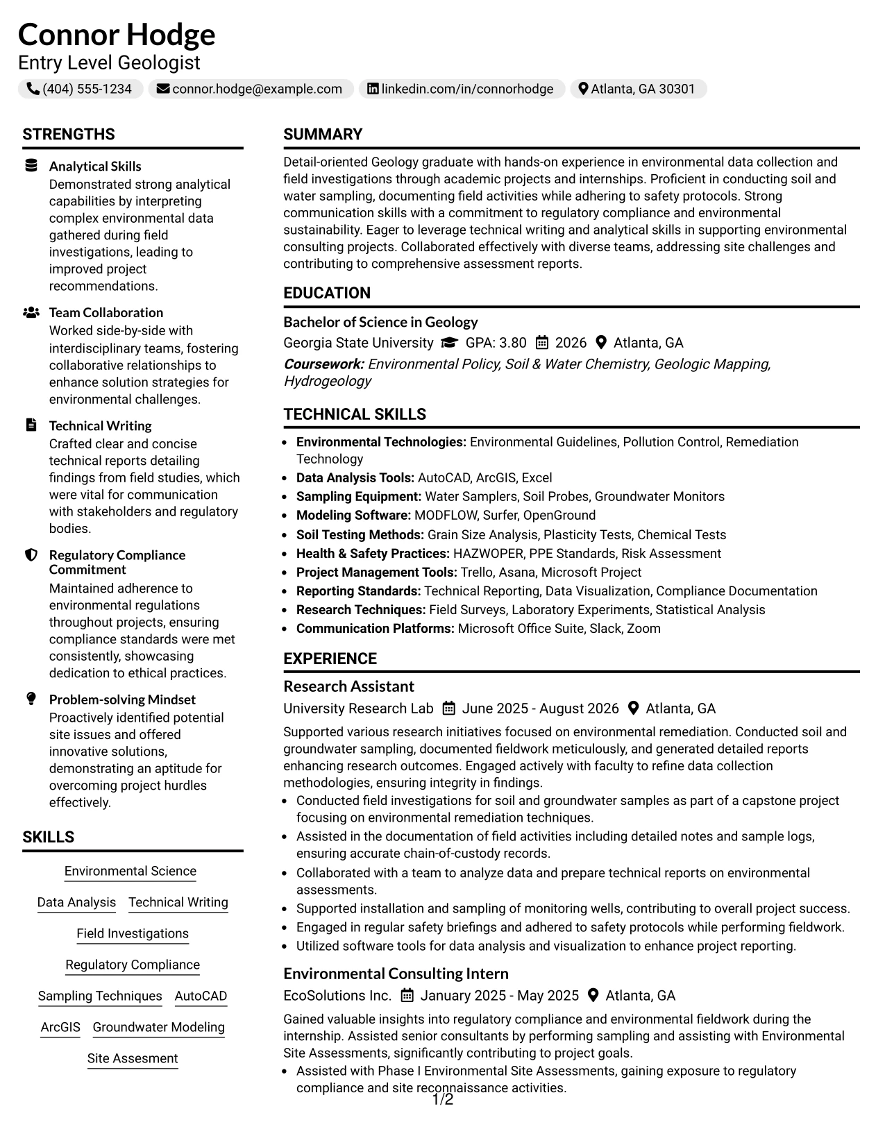 Resume Example Page 1