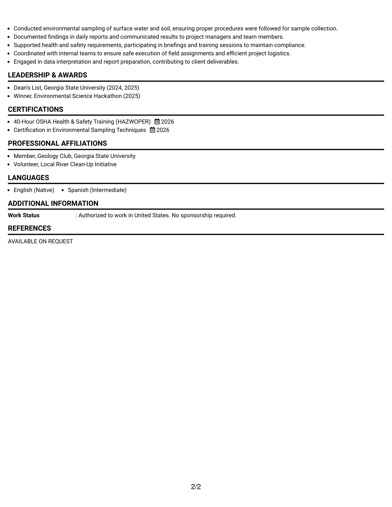 Resume Example Page 2