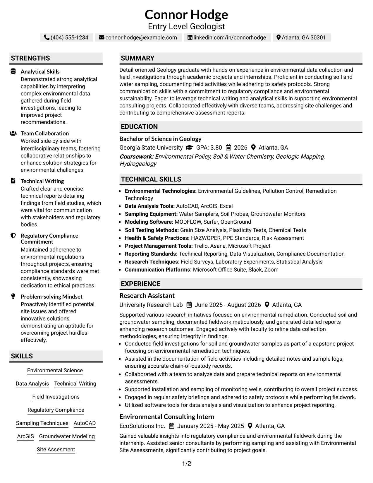 Resume Example Page 1