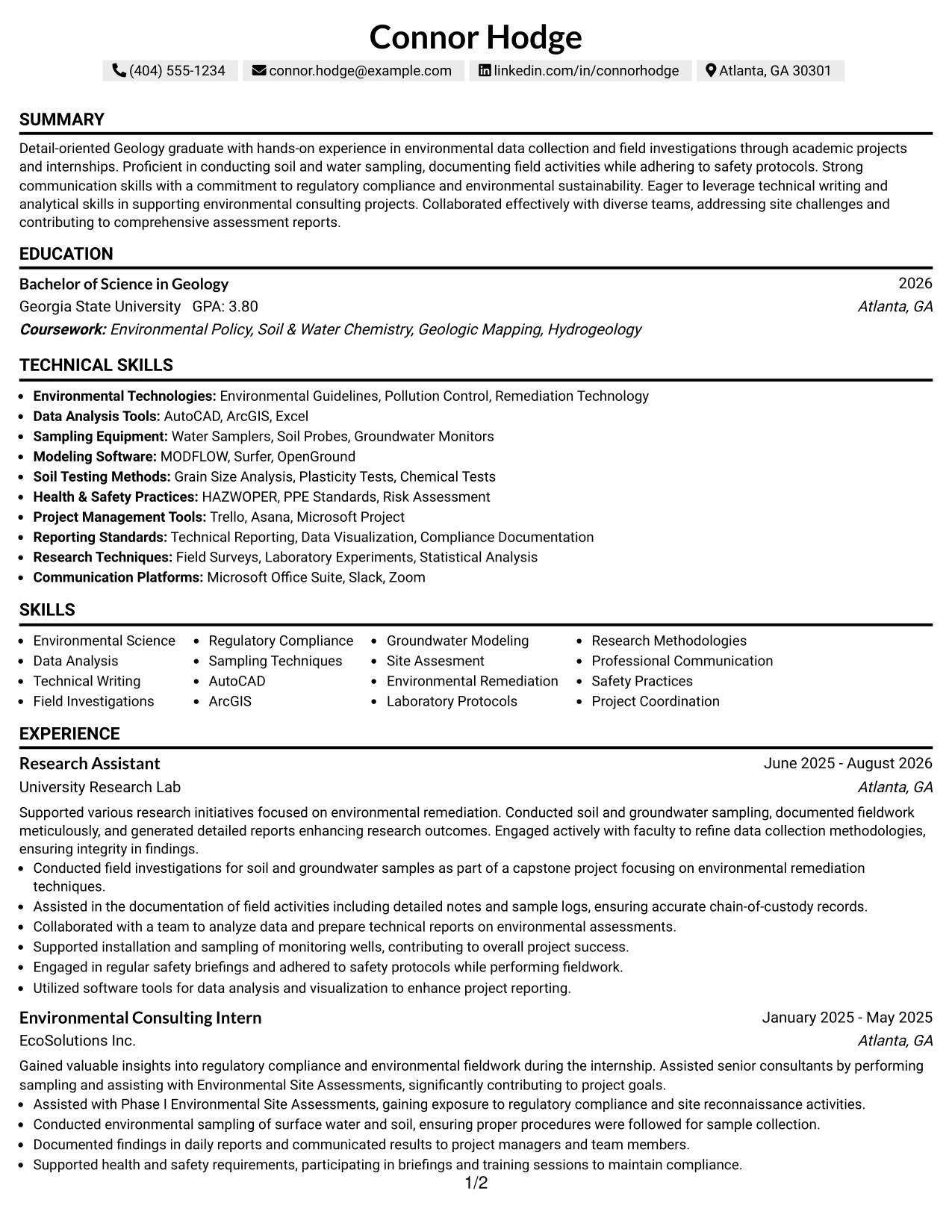 Resume Example Page 1