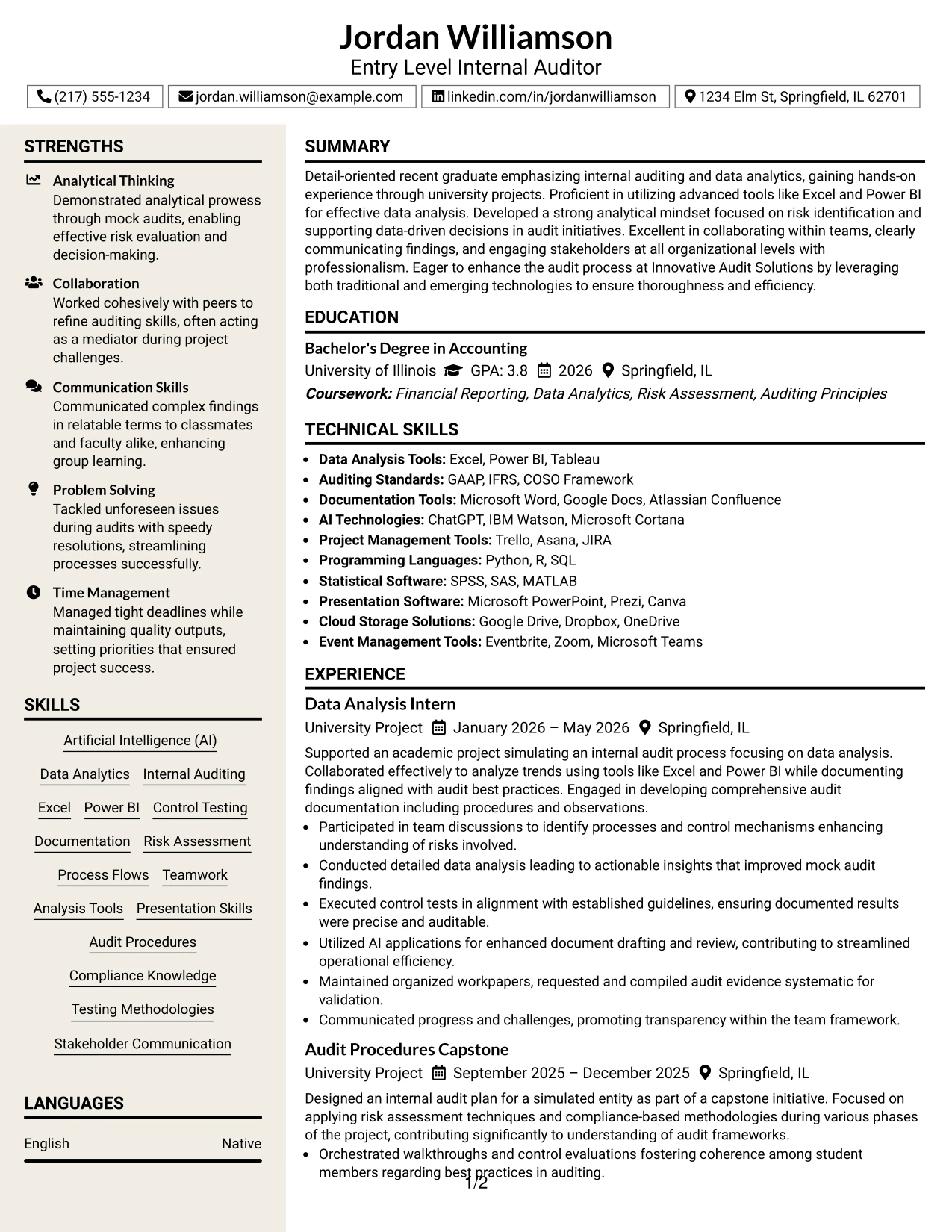 Resume Example Page 1