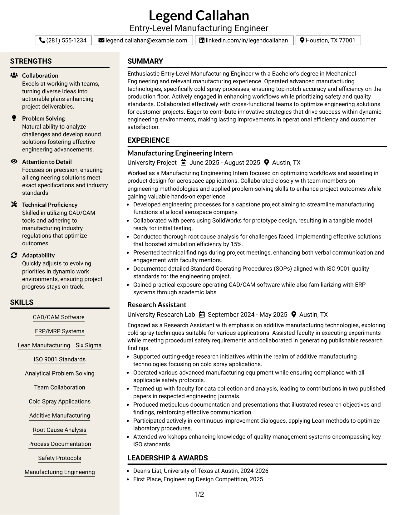 Resume Example Page 1