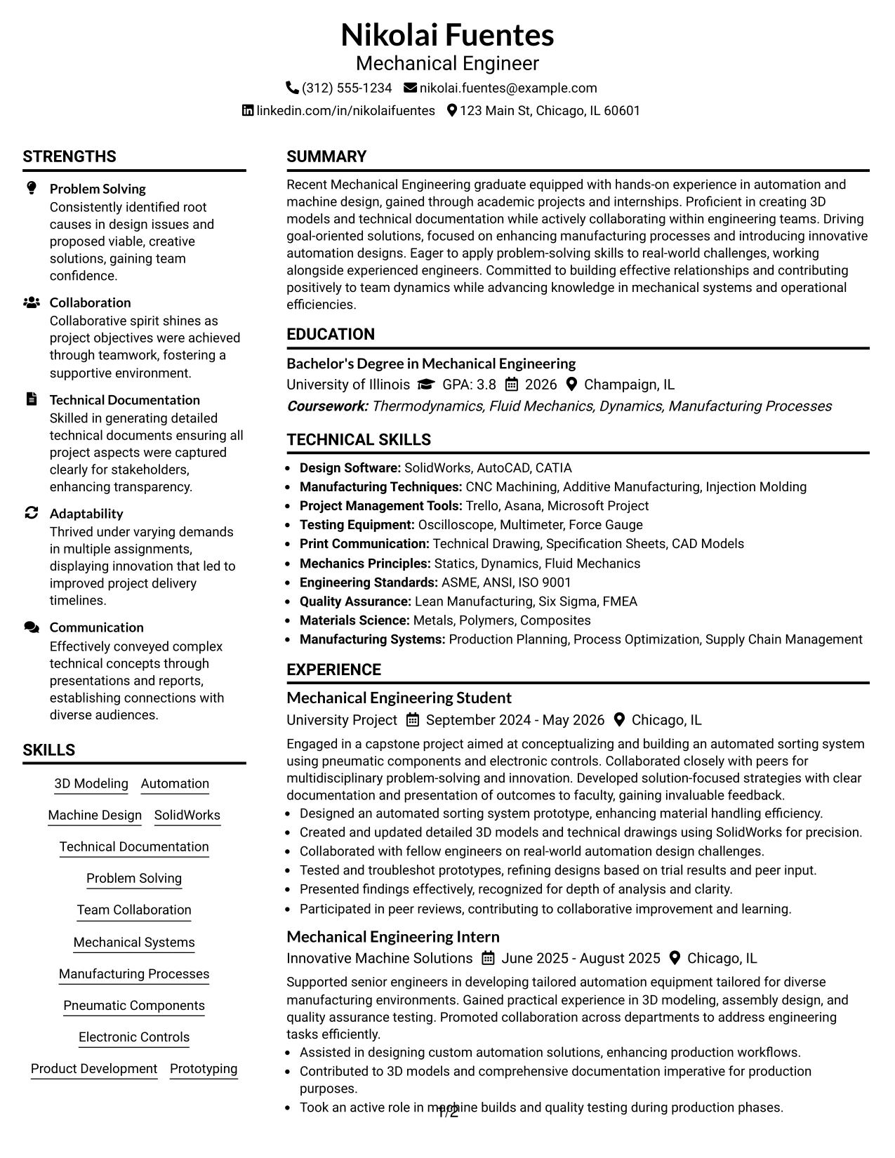 Resume Example Page 1