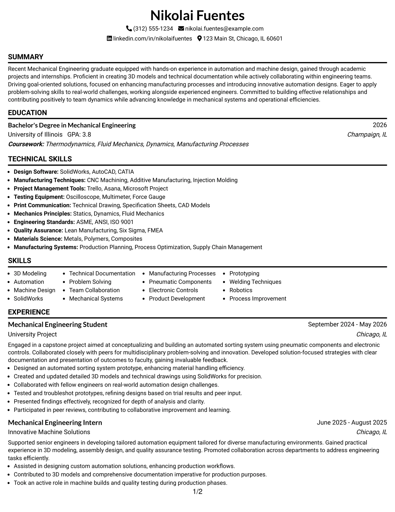 Resume Example Page 1