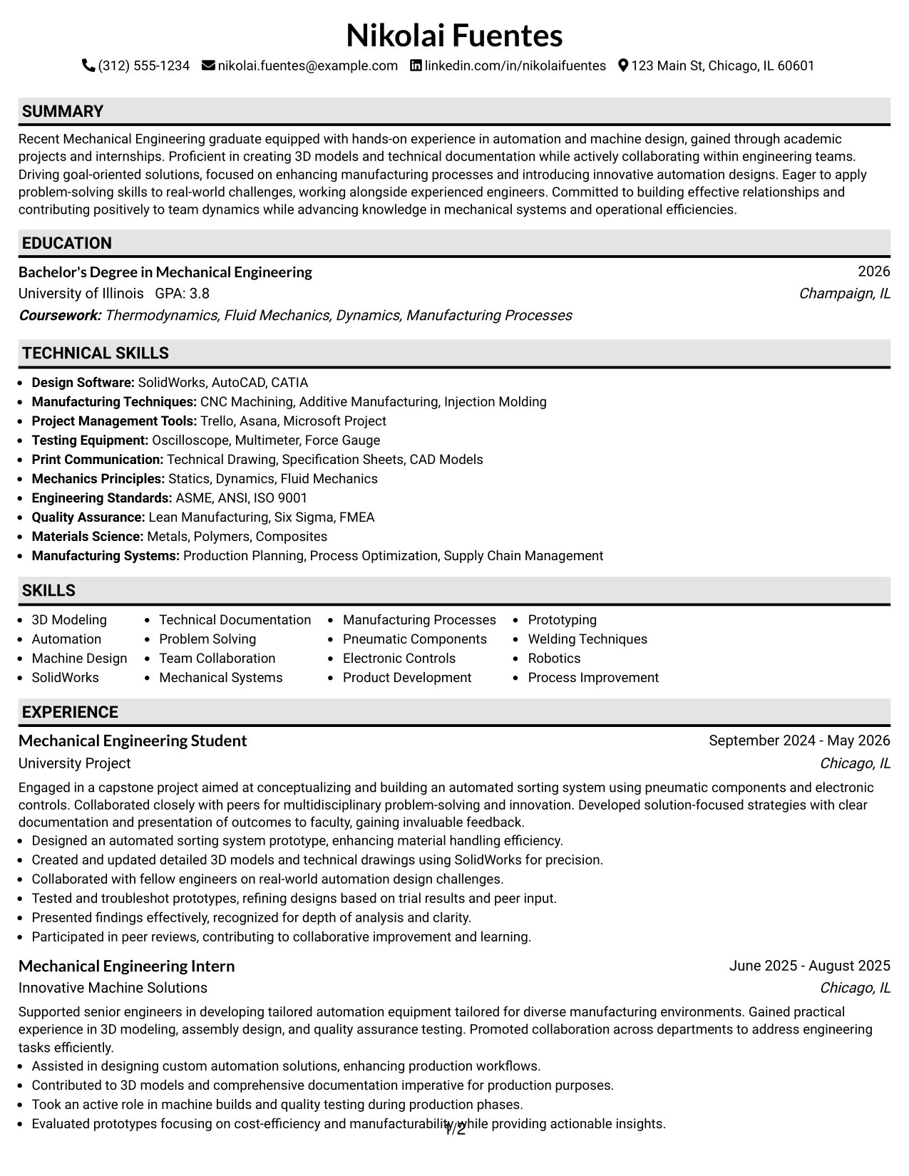 Resume Example Page 1