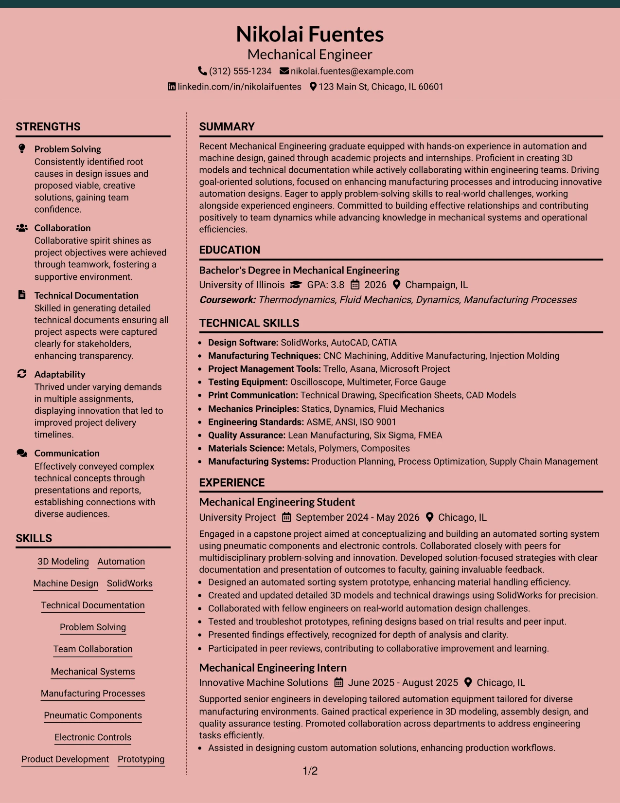 Resume Example Page 1