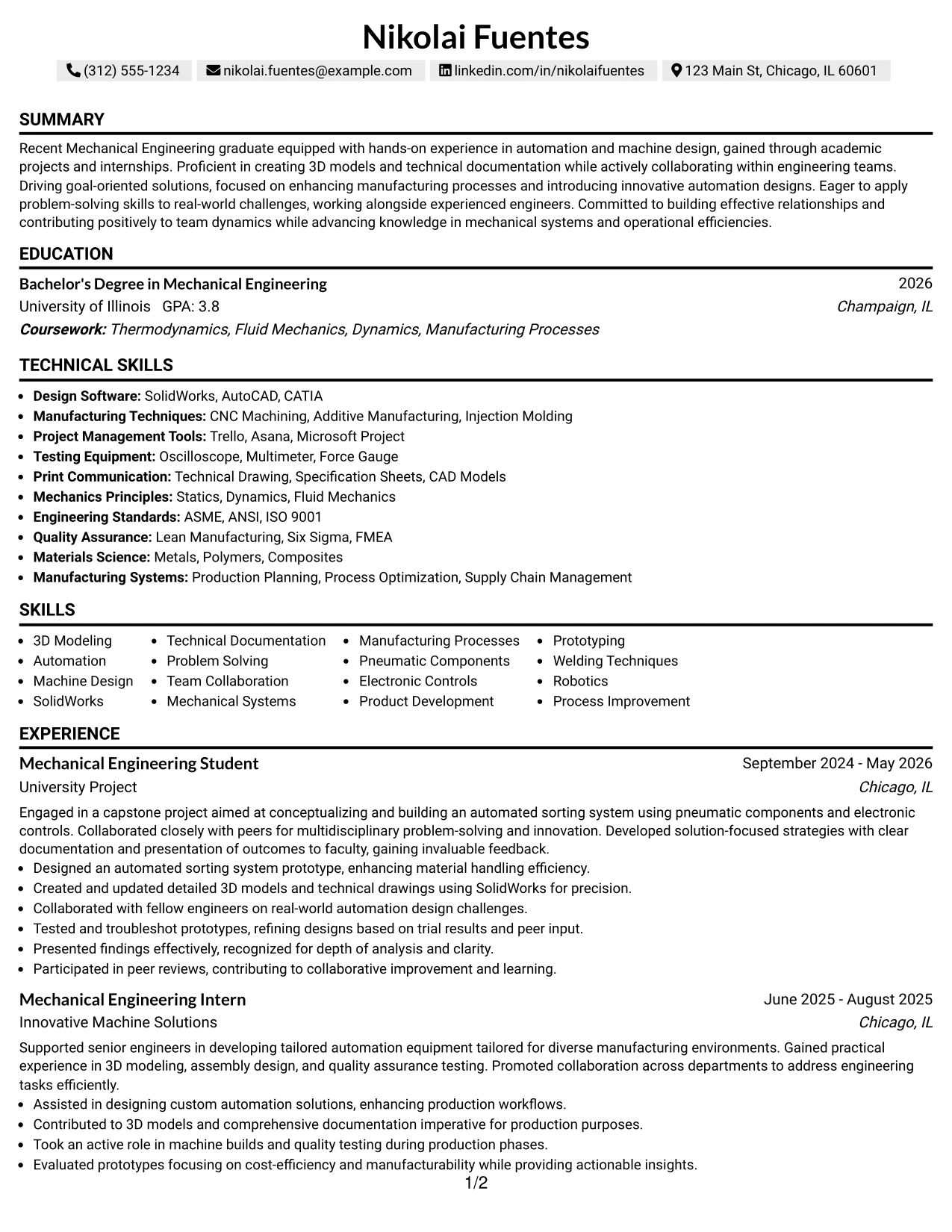Resume Example Page 1