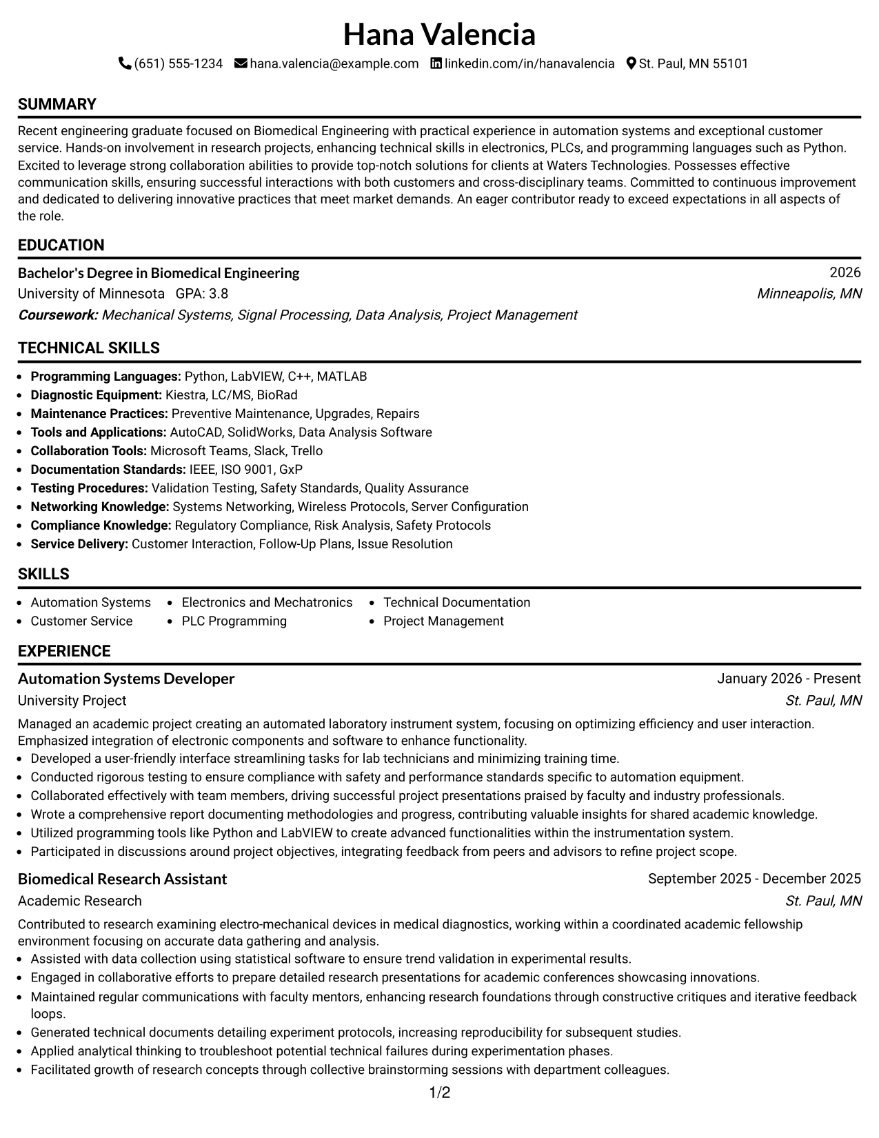 Resume Example Page 1