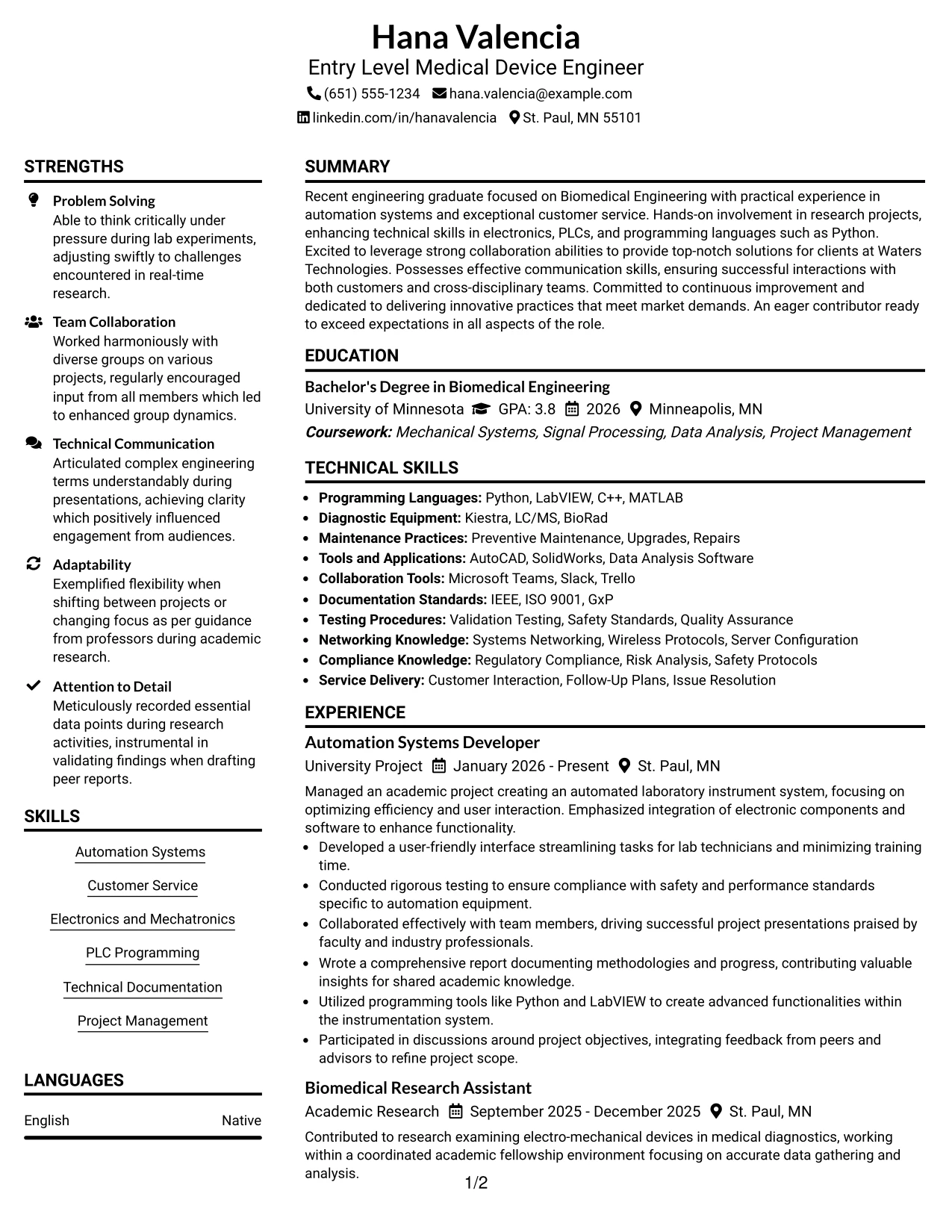 Resume Example Page 1