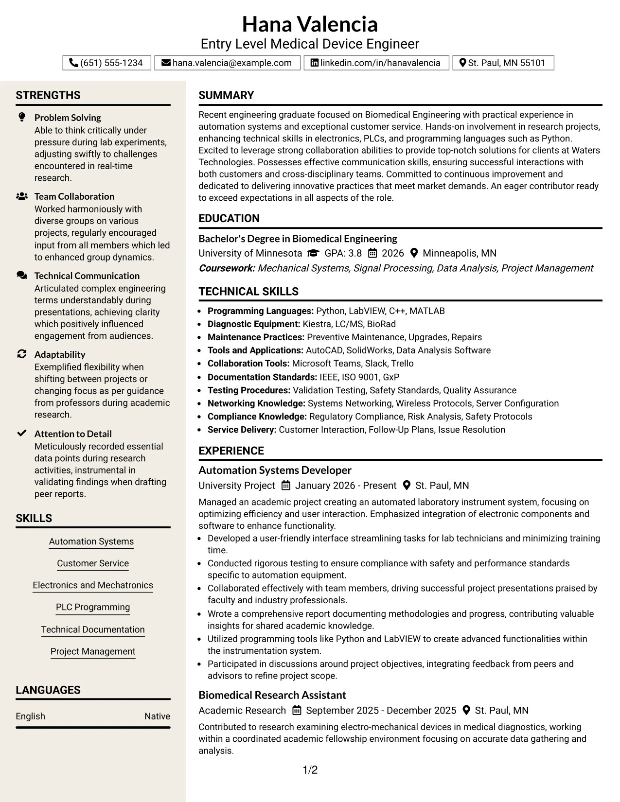 Resume Example Page 1