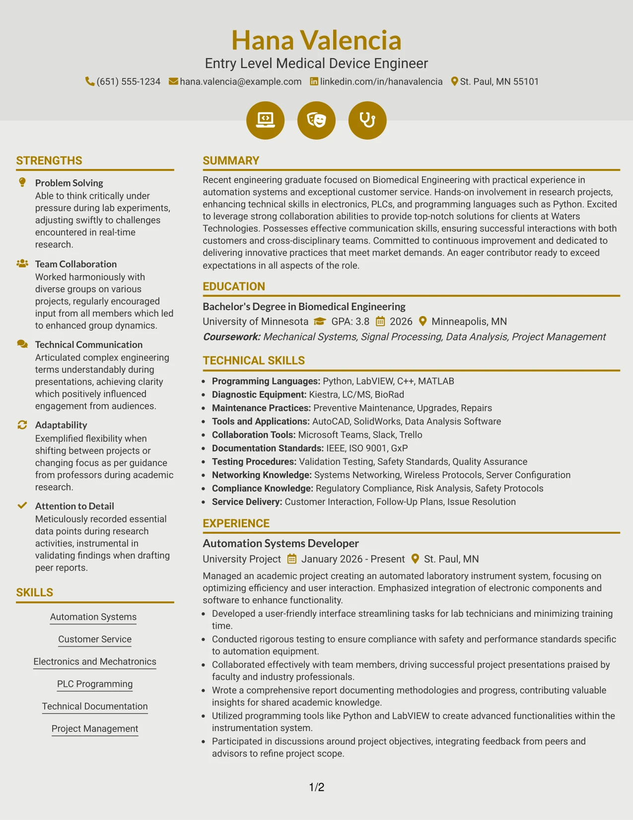 Resume Example Page 1