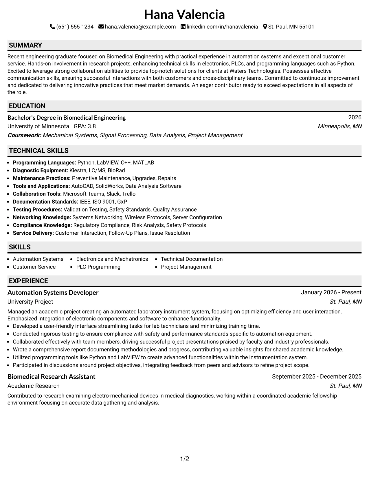 Resume Example Page 1