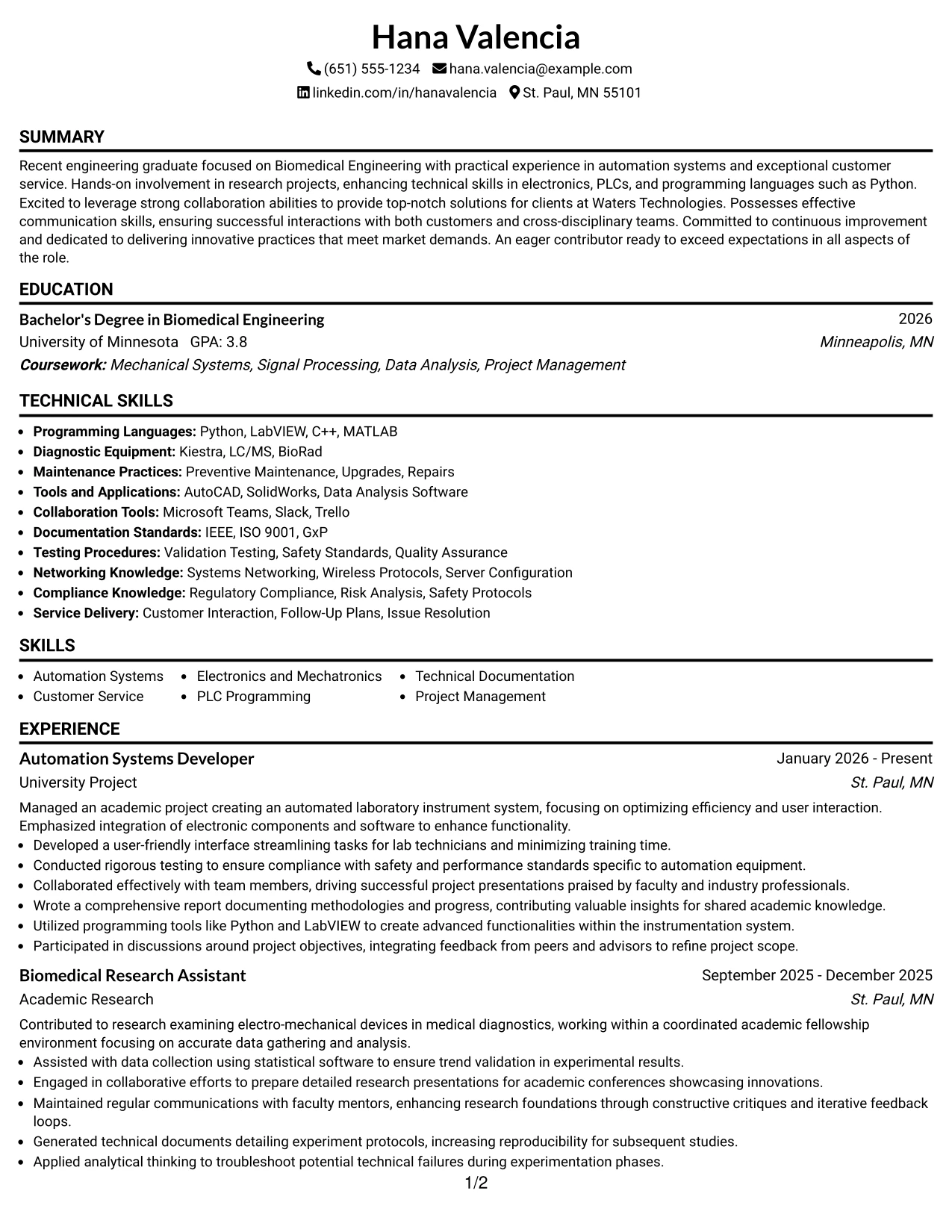 Resume Example Page 1