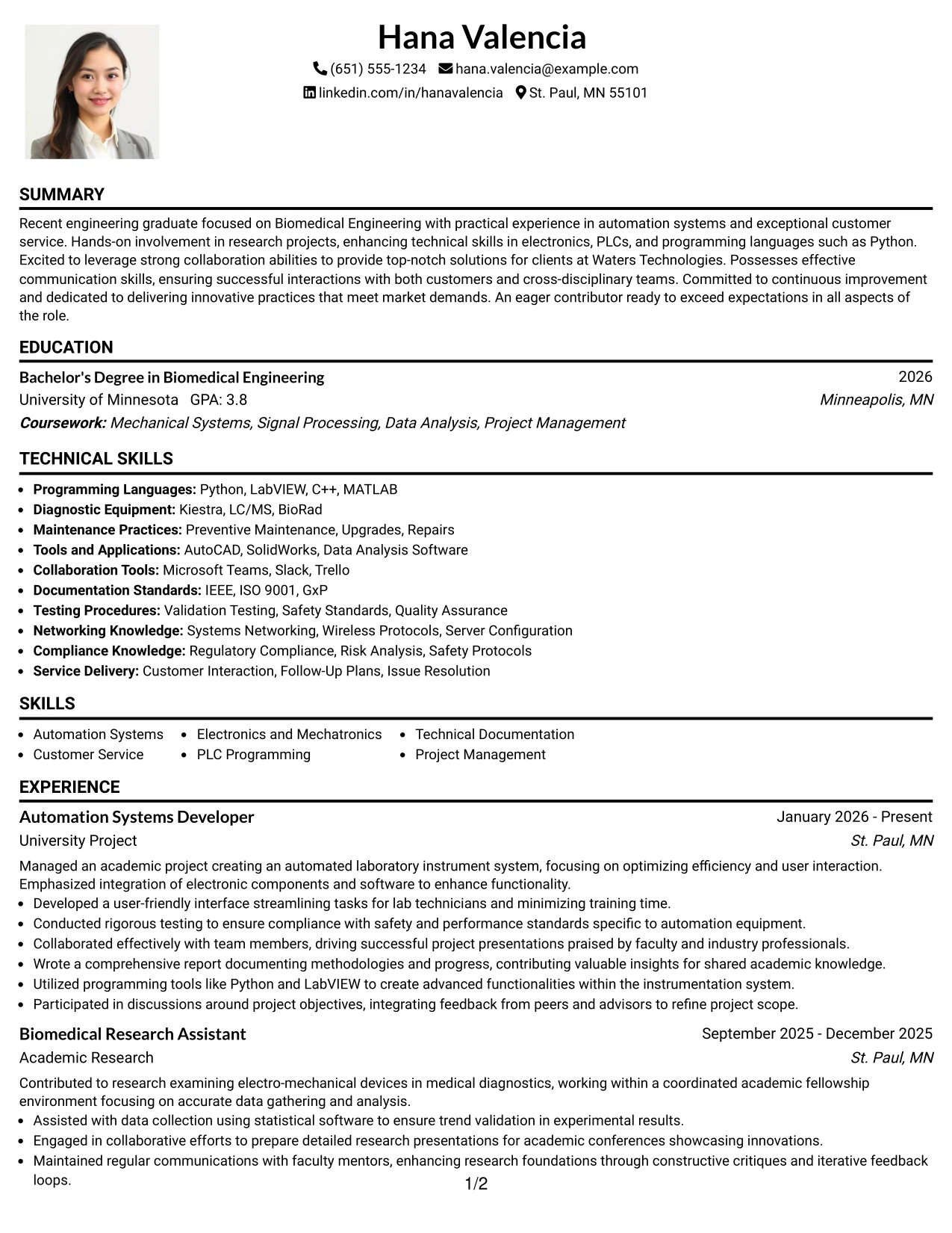 Resume Example Page 1