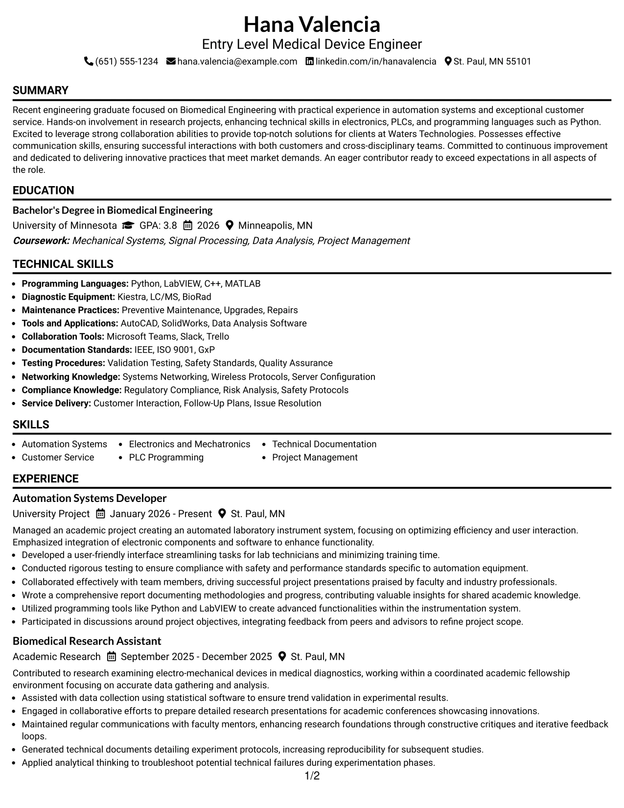 Resume Example Page 1