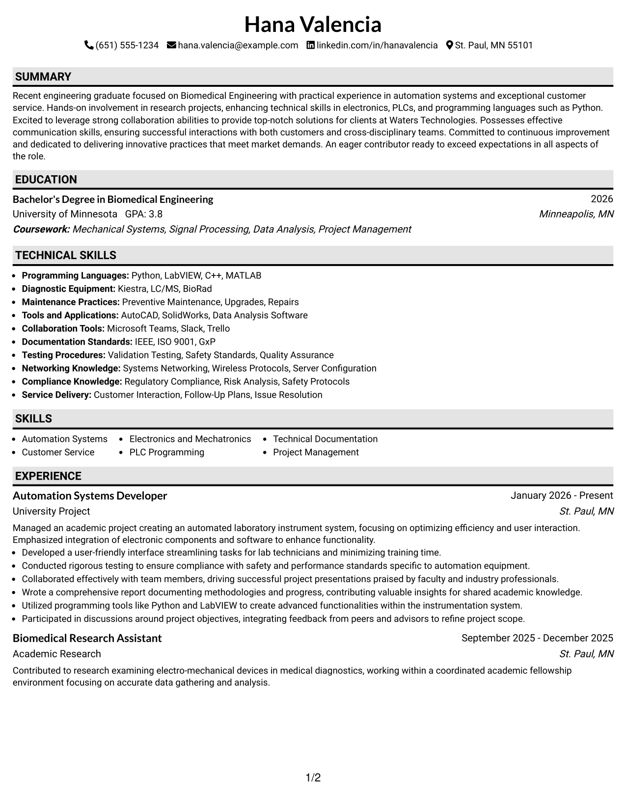 Resume Example Page 1