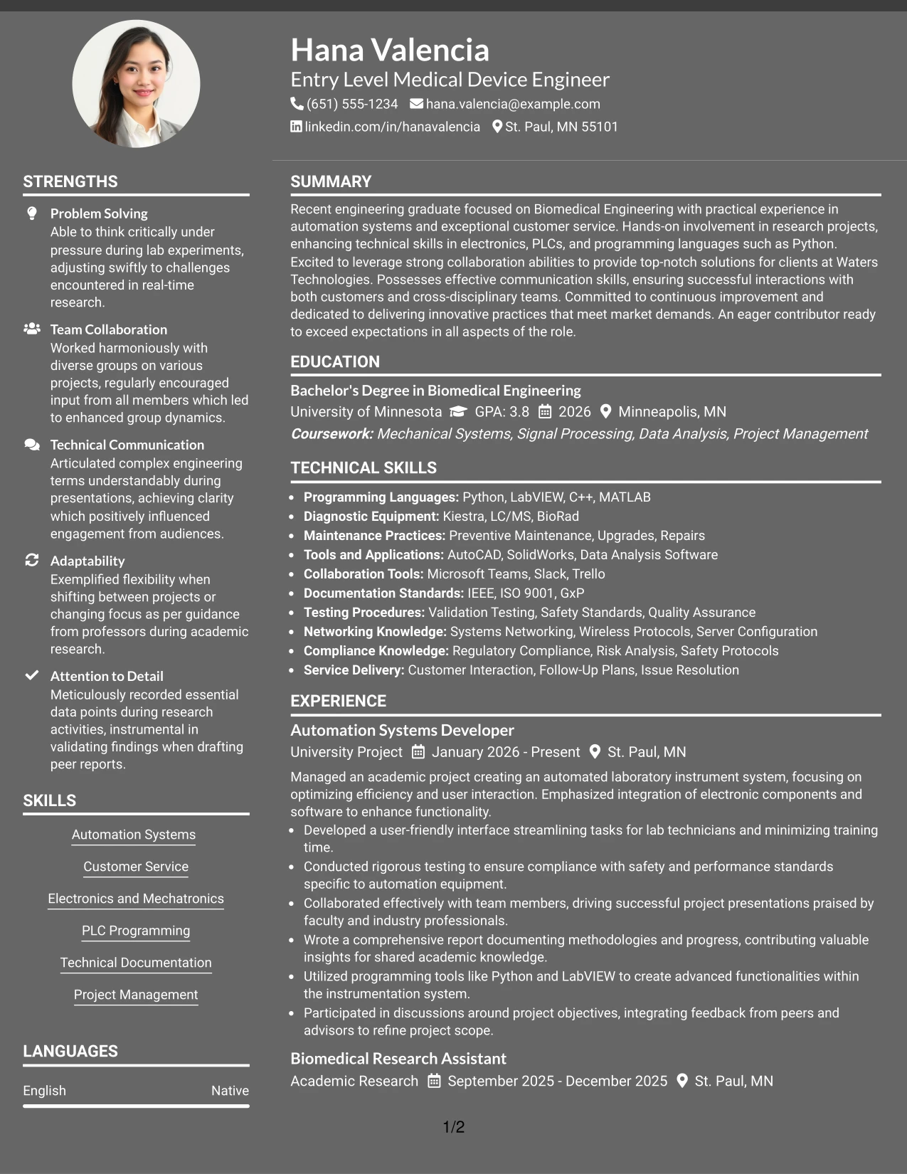 Resume Example Page 1