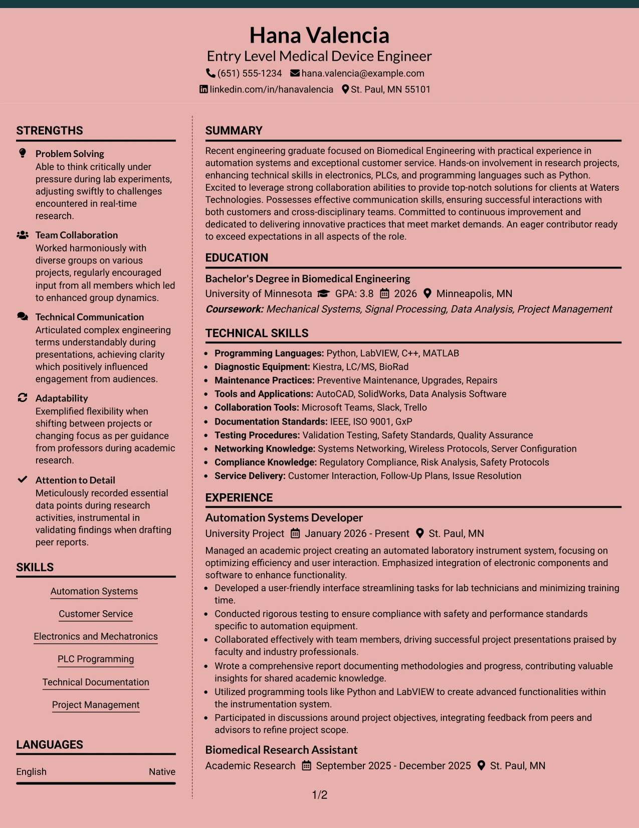 Resume Example Page 1